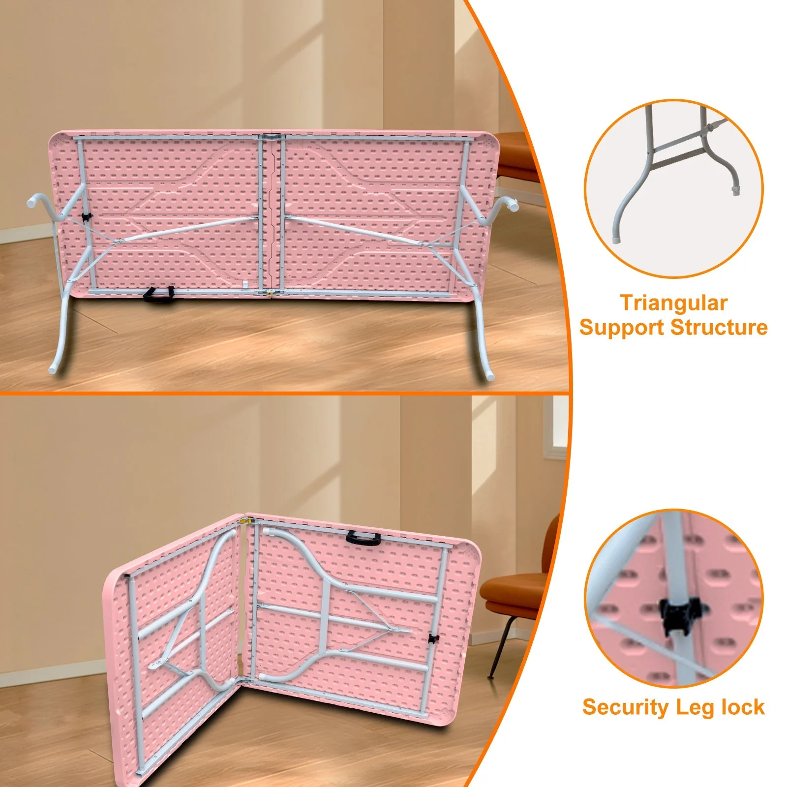 Folding Table 180cm, Heavy Duty Portable with Handle, Pink - Image 4