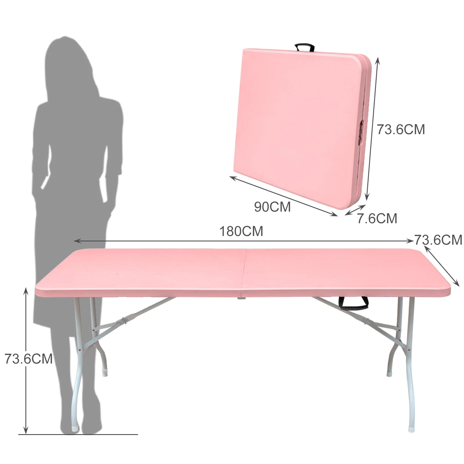 Folding Table 180cm, Heavy Duty Portable with Handle, Pink - Image 7