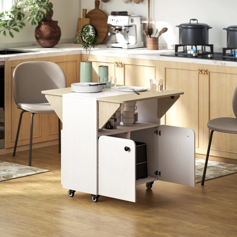 Folding Table with Rolling Cabinet, Two Folding Sides, 4 Casters, White + Natural Wood - Image 2
