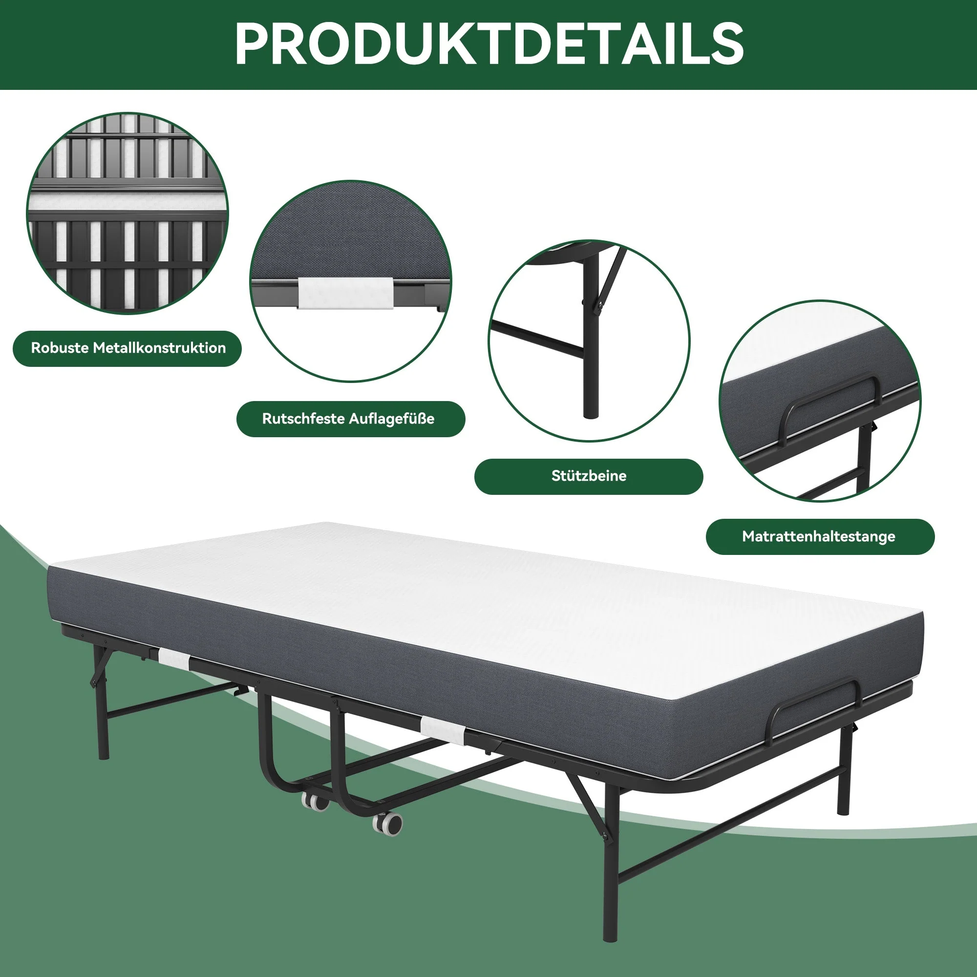 Folding Twin Bed, 190x96cm 9.5cm Memory Foam Mattress, Metal Frame - Image 2