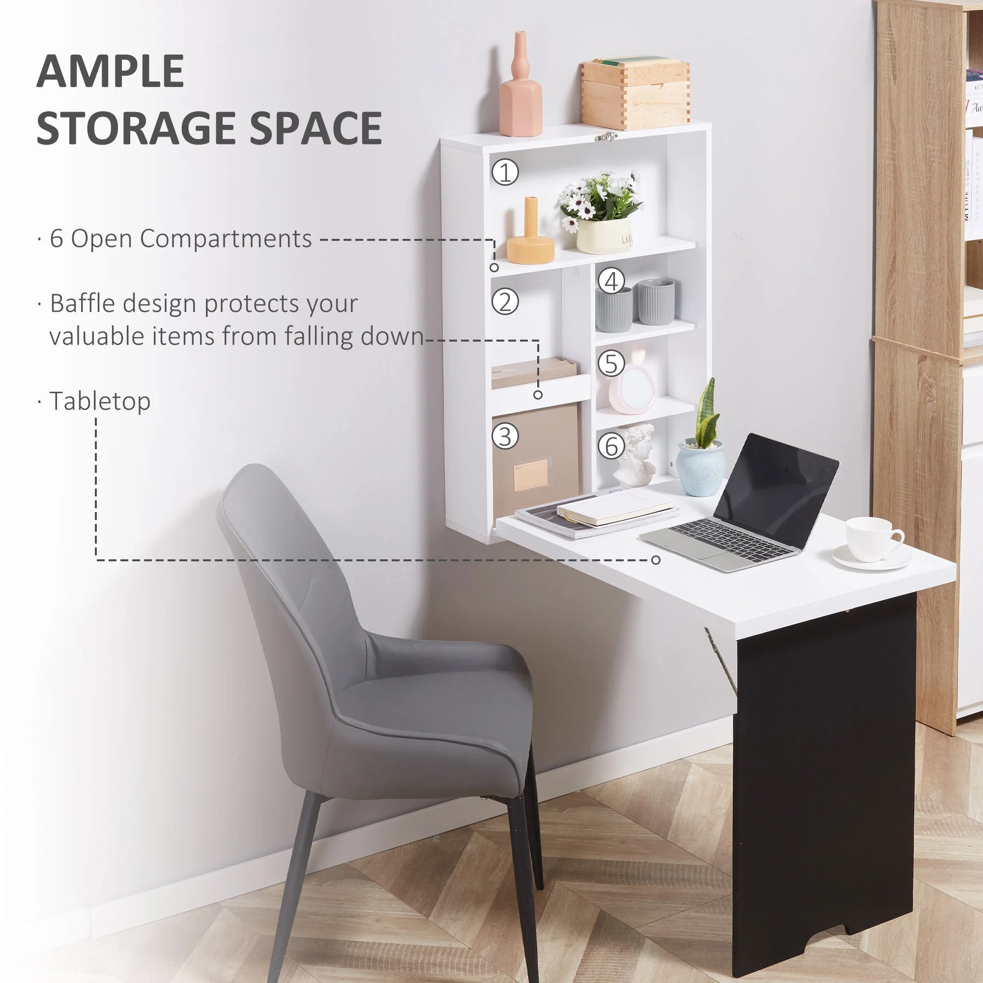Folding Wall-Mounted Drop-Leaf Table Convertible Chalkboard Storage Floating Desk White - Image 5