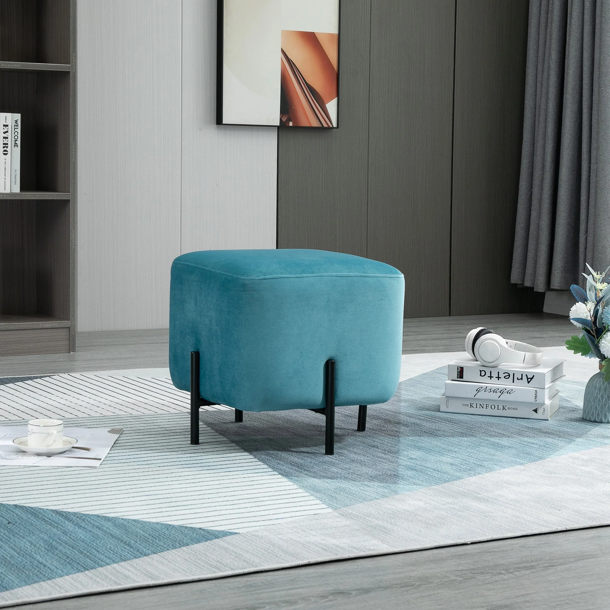 Footstool, Padded Footrest, Polyester & Steel, Turquoise - Image 2