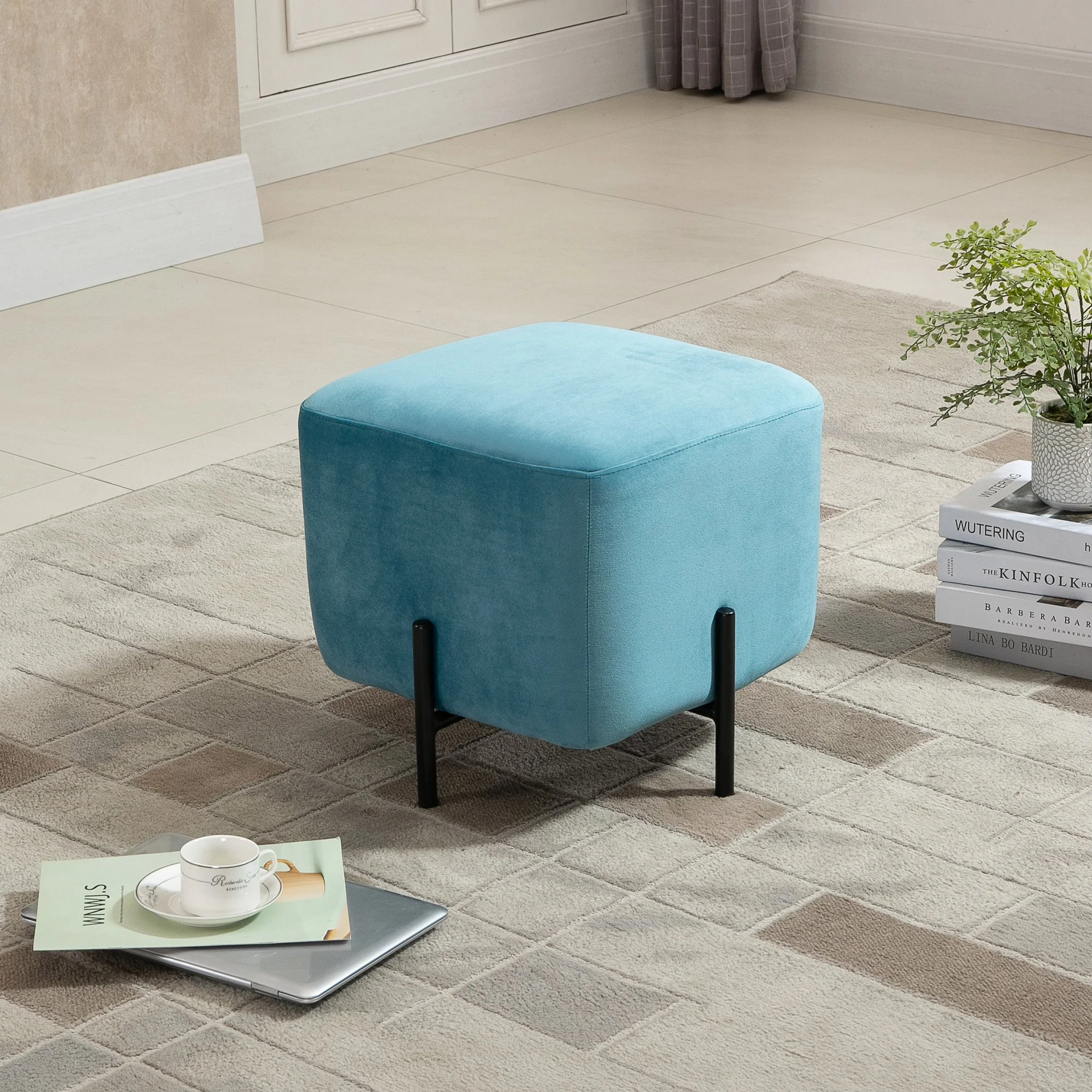 Footstool, Padded Footrest, Polyester & Steel, Turquoise - Image 8