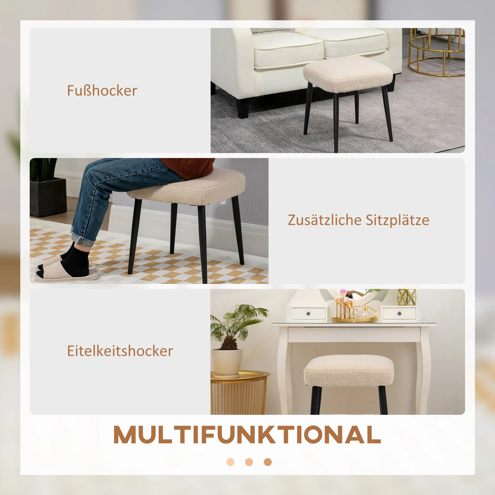 Footstool Square Stool Dressing Stool Steel Legs Cashmere Look Beige - Image 5