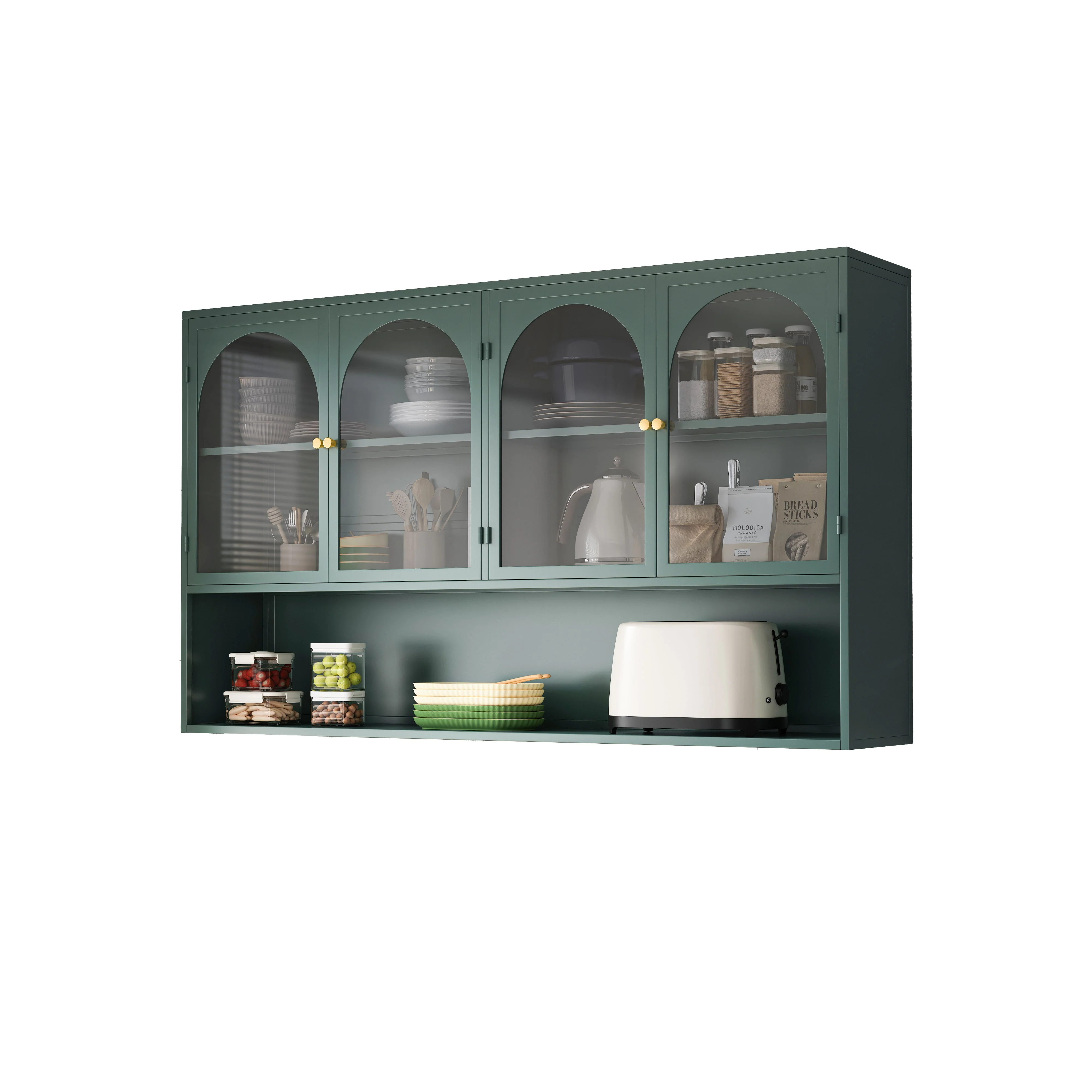Four-door Glass Wall Cabinet, 120CM Wall-mounted, Dark Green - Image 8