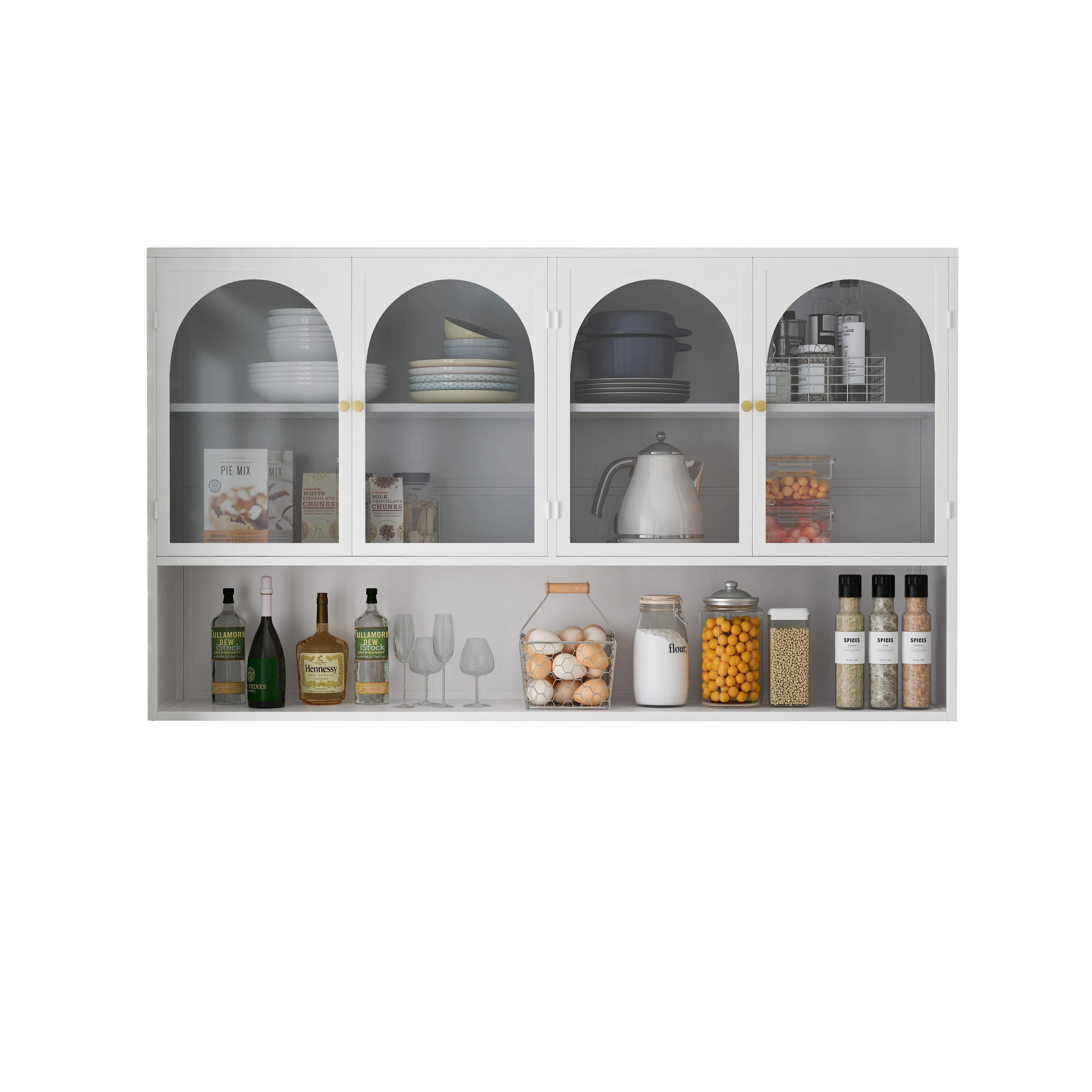 Four-door Wall Cabinet, 120CM Glass Storage, White - Image 7