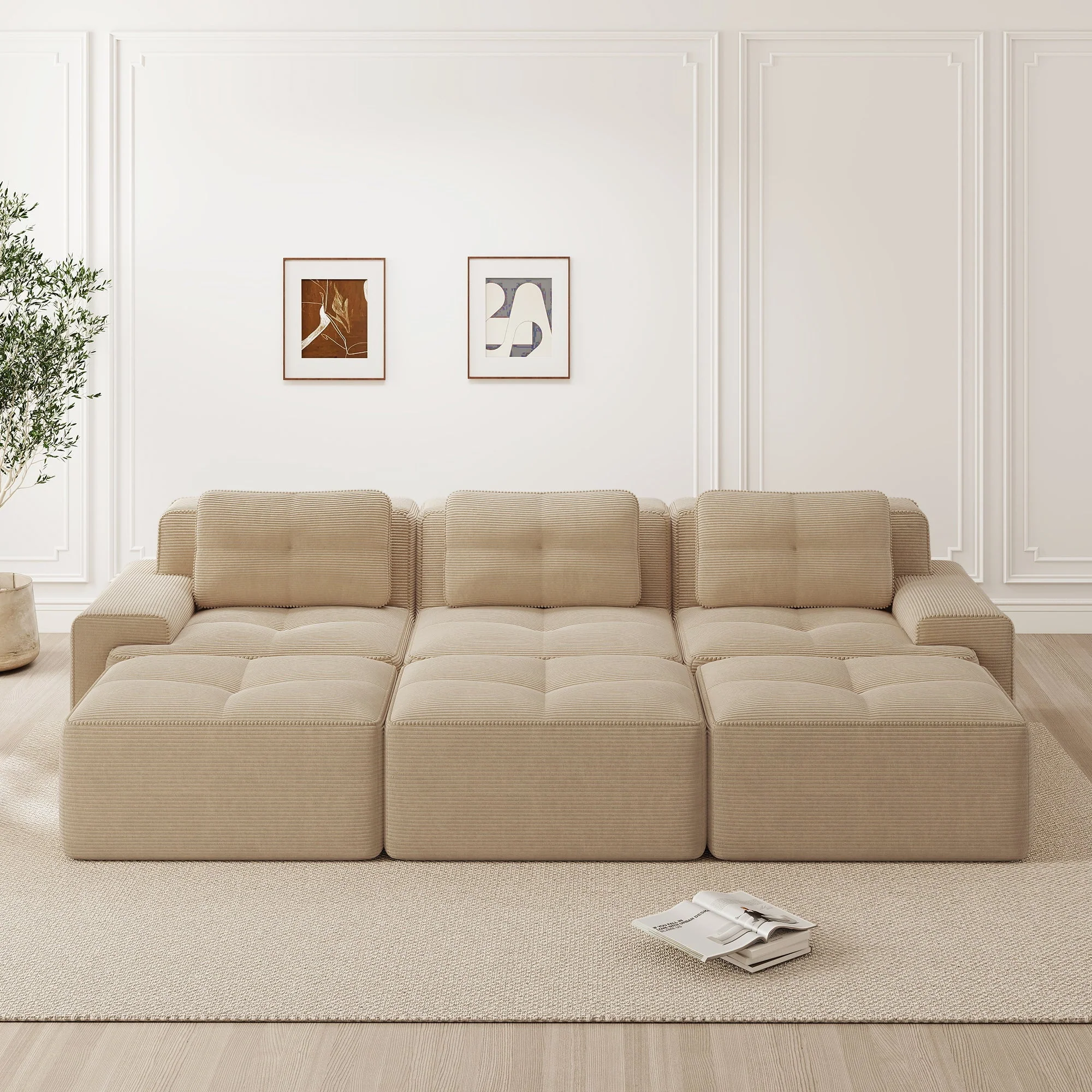 Frameless Modular Corner Sofa Sleeping Function 3 Ottomans - Corduroy Beige - Image 2