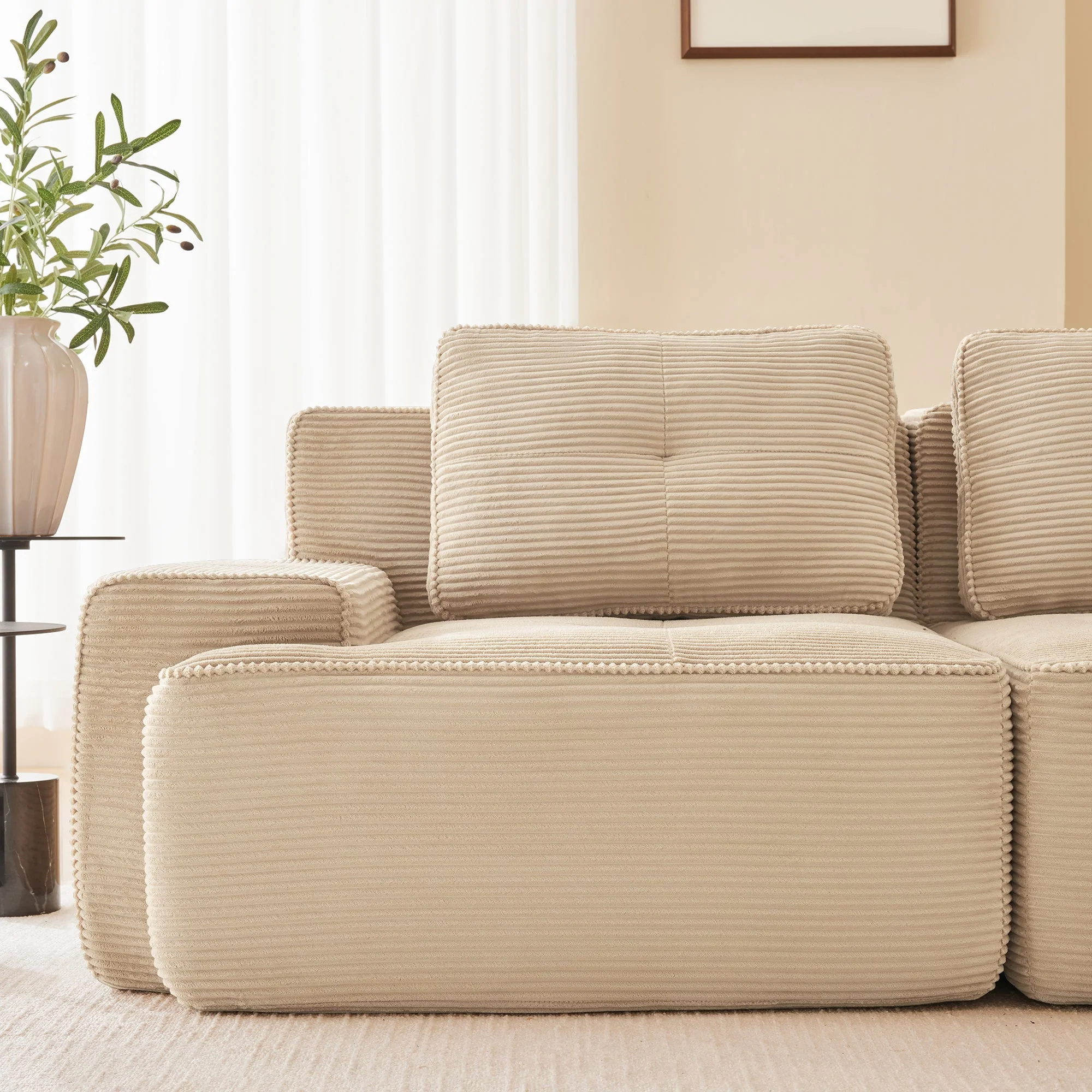 Frameless Modular Corner Sofa Sleeping Function 3 Ottomans - Corduroy Beige - Image 9