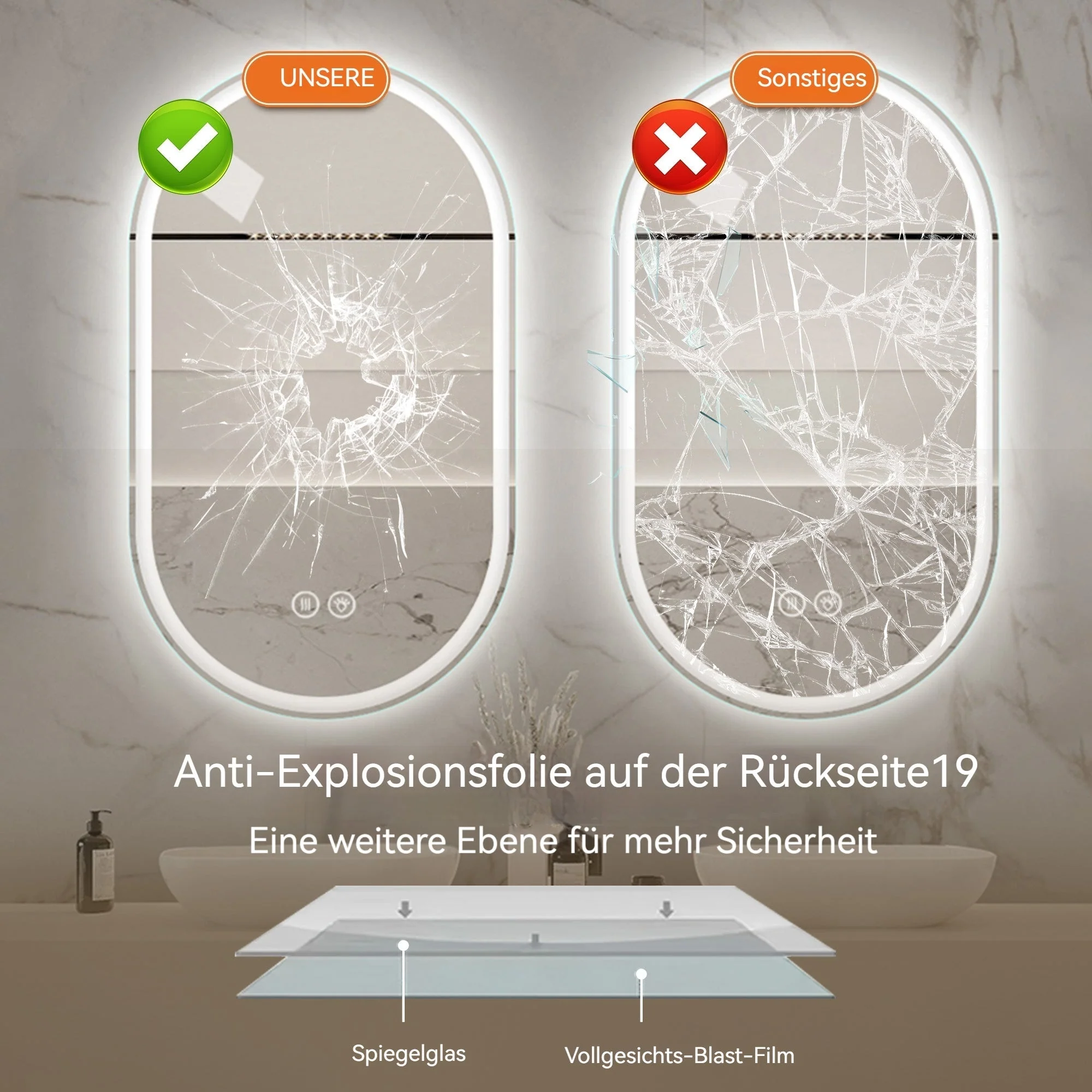 Frameless Oval Smart Mirror, 60x100cm Anti-Fog Touch Screen Bathroom, Glass - Image 7