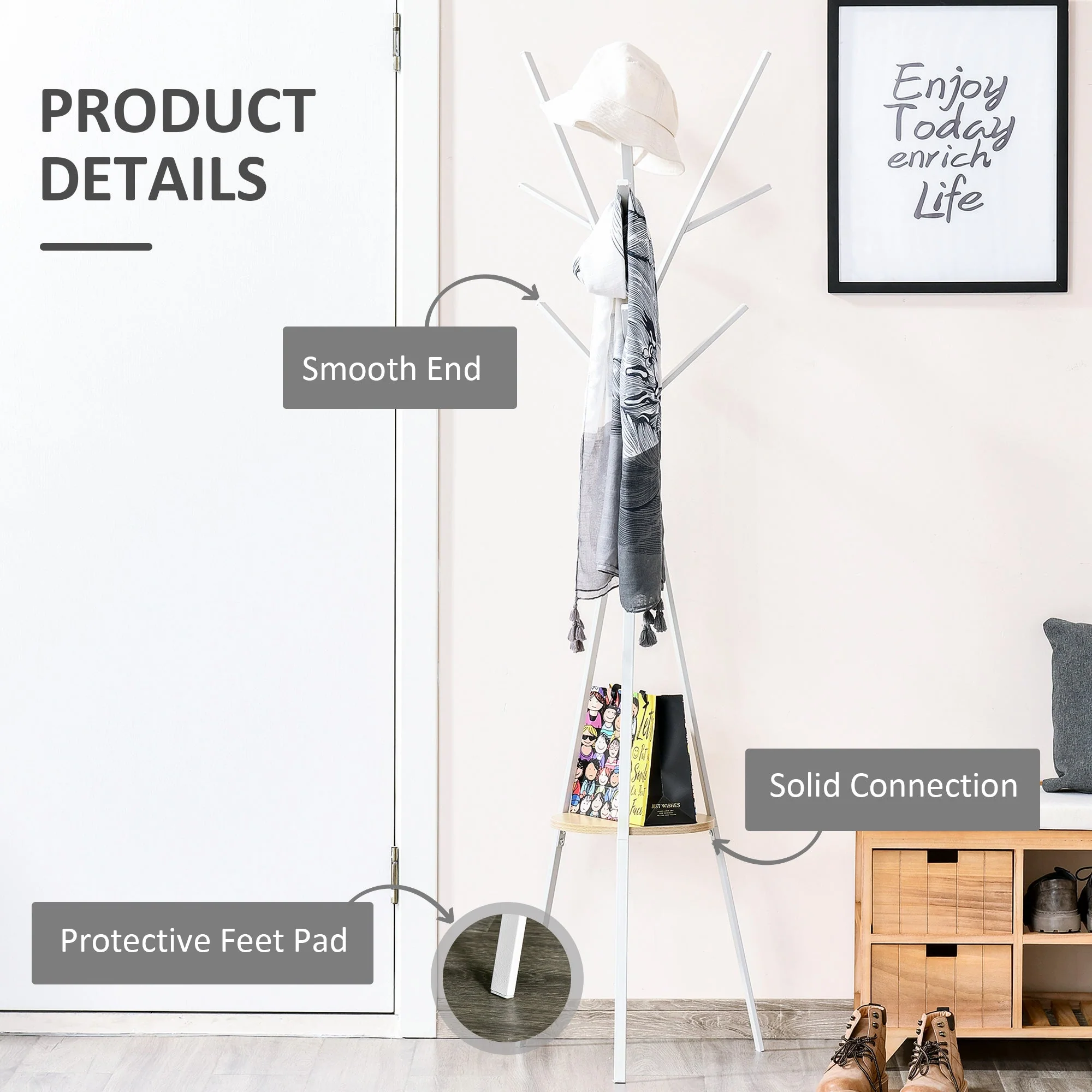 Freestanding Coat Rack Stand 9 Hooks 1 Shelf Metal White - Image 5