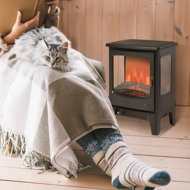 Freestanding Electric Fireplace Heater 900W/1800W Adjustable Flame Tempered Glass Black Metal - Image 3