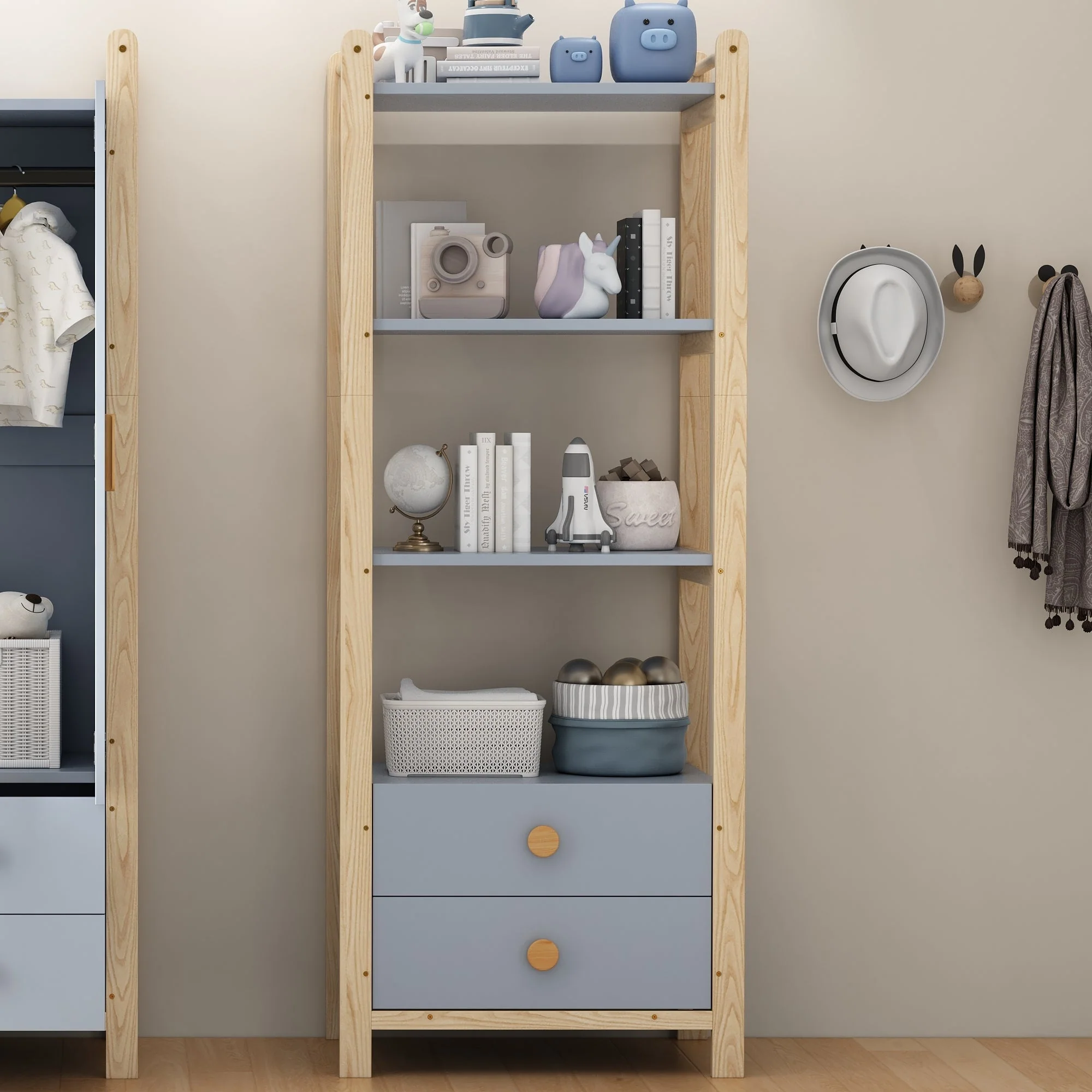 Freestanding Shelf Unit, 2 Drawers 4 Shelves 70x44x180cm, Blue and Natural Wood Pine Frame - Image 2