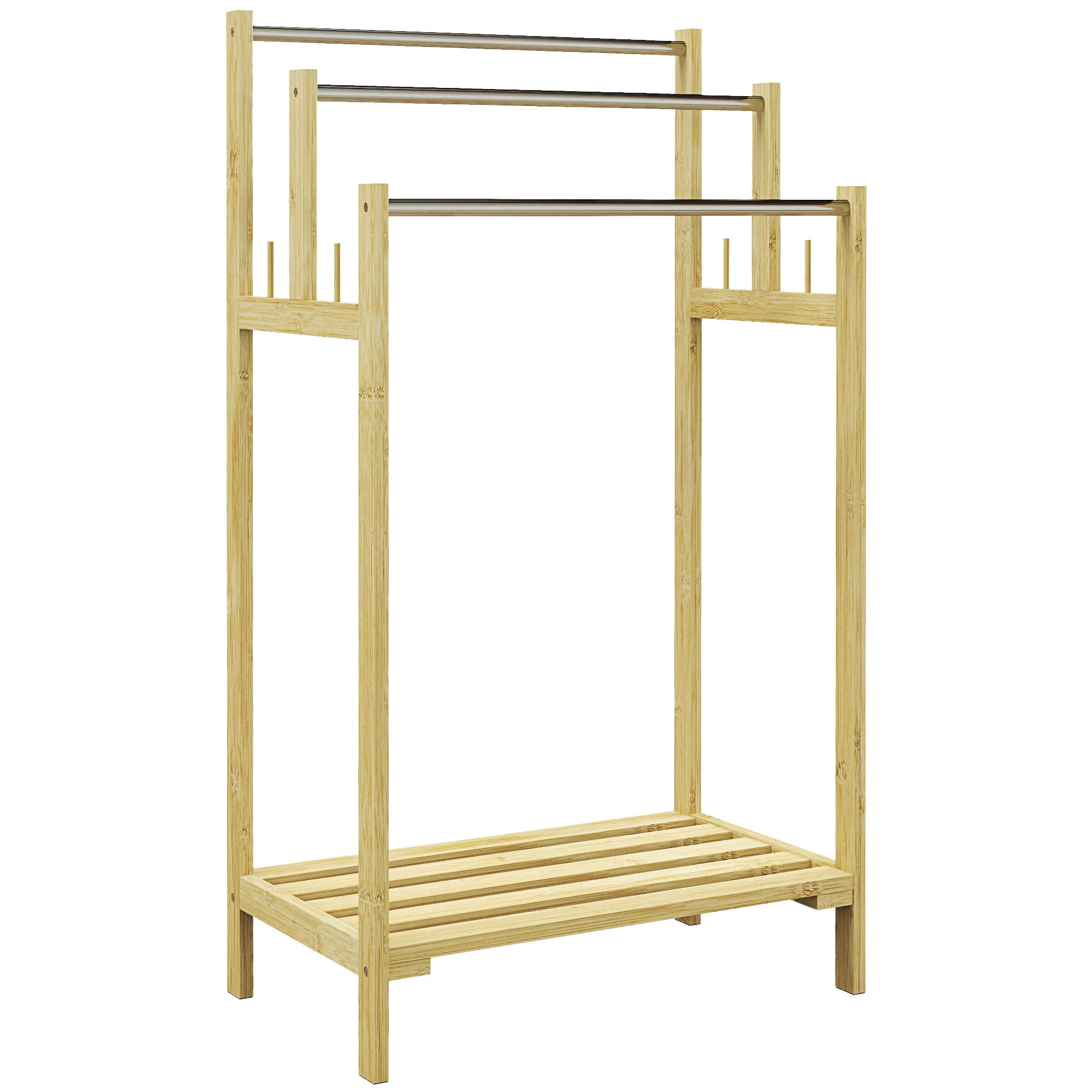 Freestanding Towel Rack Stand with 4 Hooks 3 Bars for Bathroom, Bamboo Natural - Image 2