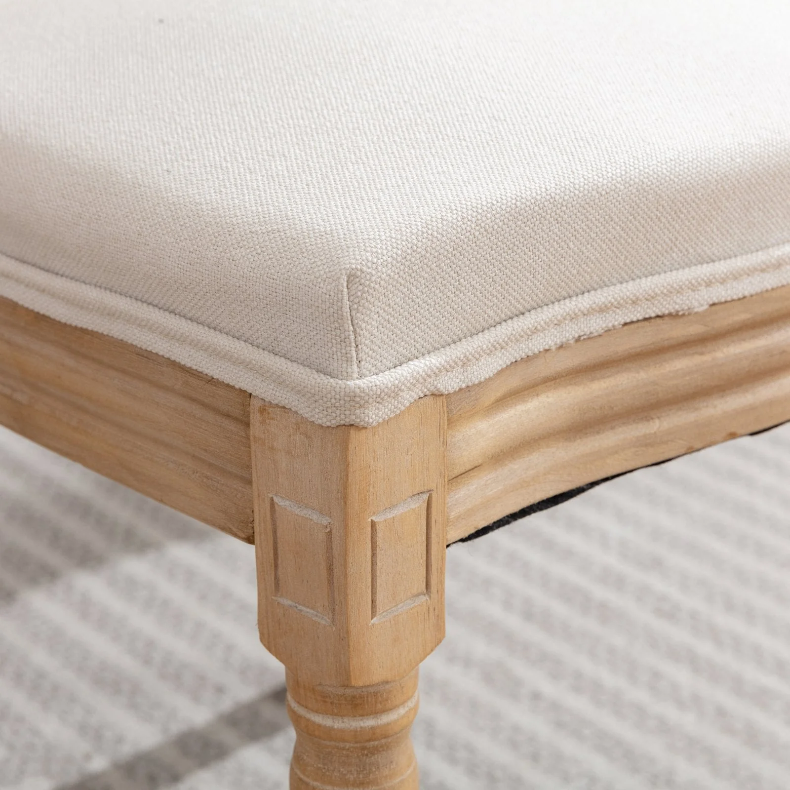 French Style Dining Chair Set of 2 Solid Wood Antique Finish Linen Back - Beige - Image 10