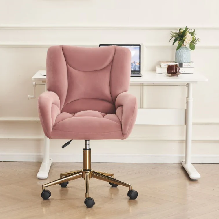 Full KD Velvet Fabric Adjustable Height Swivel Home Office Chair, Pink - Image 5