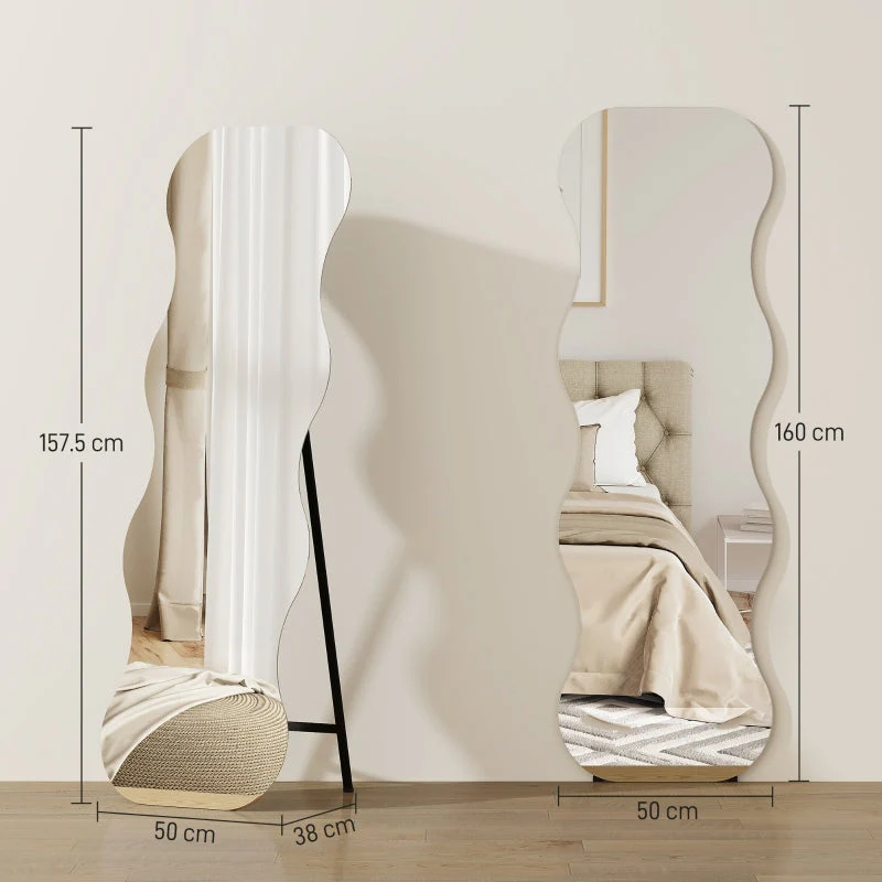 Full-Length Frameless Wave Mirror with Wooden Base, Black - Image 3