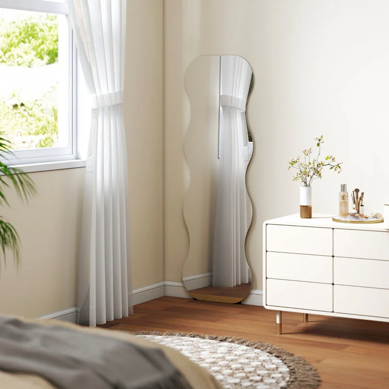 Full-Length Frameless Wave Mirror with Wooden Base, Black - Image 8