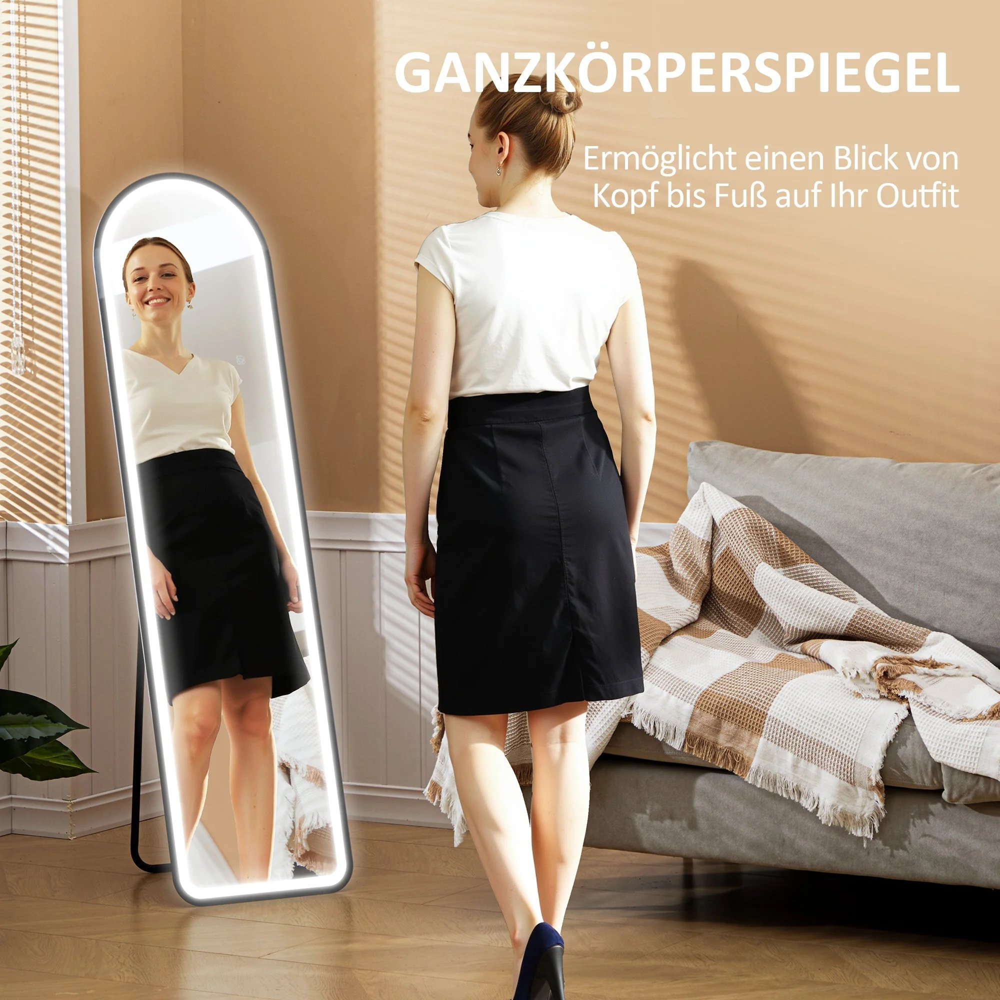 Full-Length Mirror, 150 x 40 cm LED Lighting, 3 Light Colors, Black - Image 4