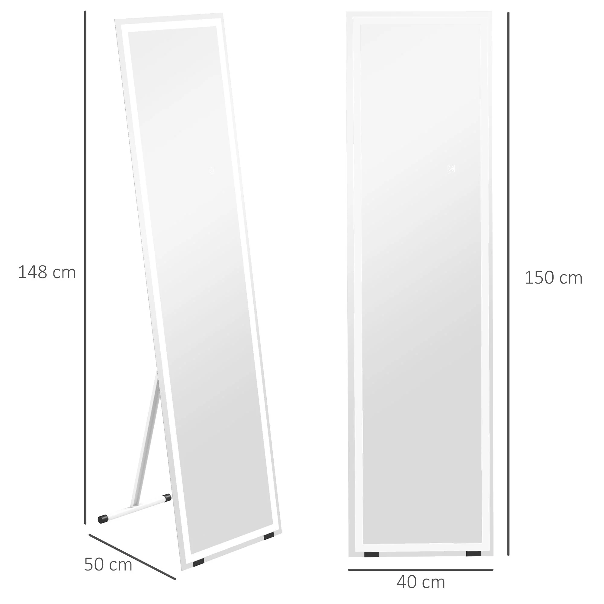 Full Length Mirror, 40x150cm LED Standing Wall, White - Image 3