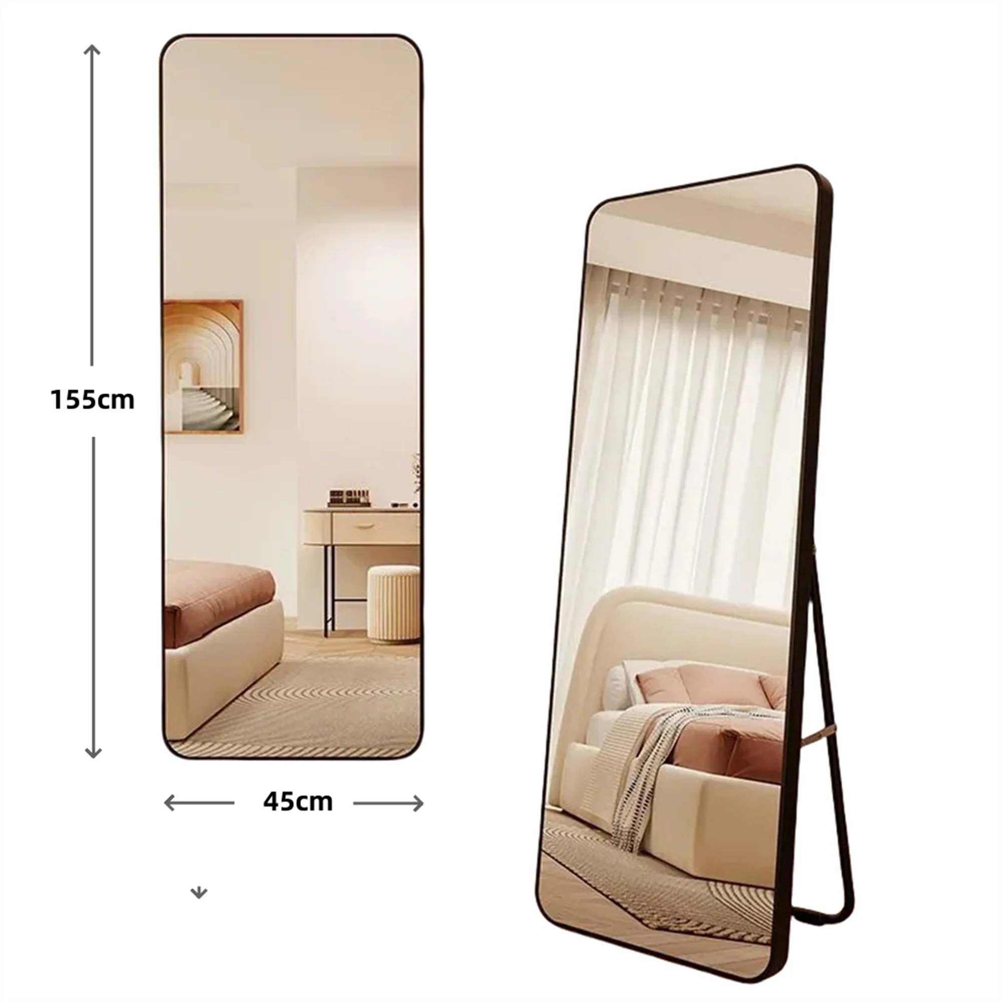 Full-length Mirror 45x155 cm, Shatterproof Freestanding/Wall-Mountable, Black - Image 3