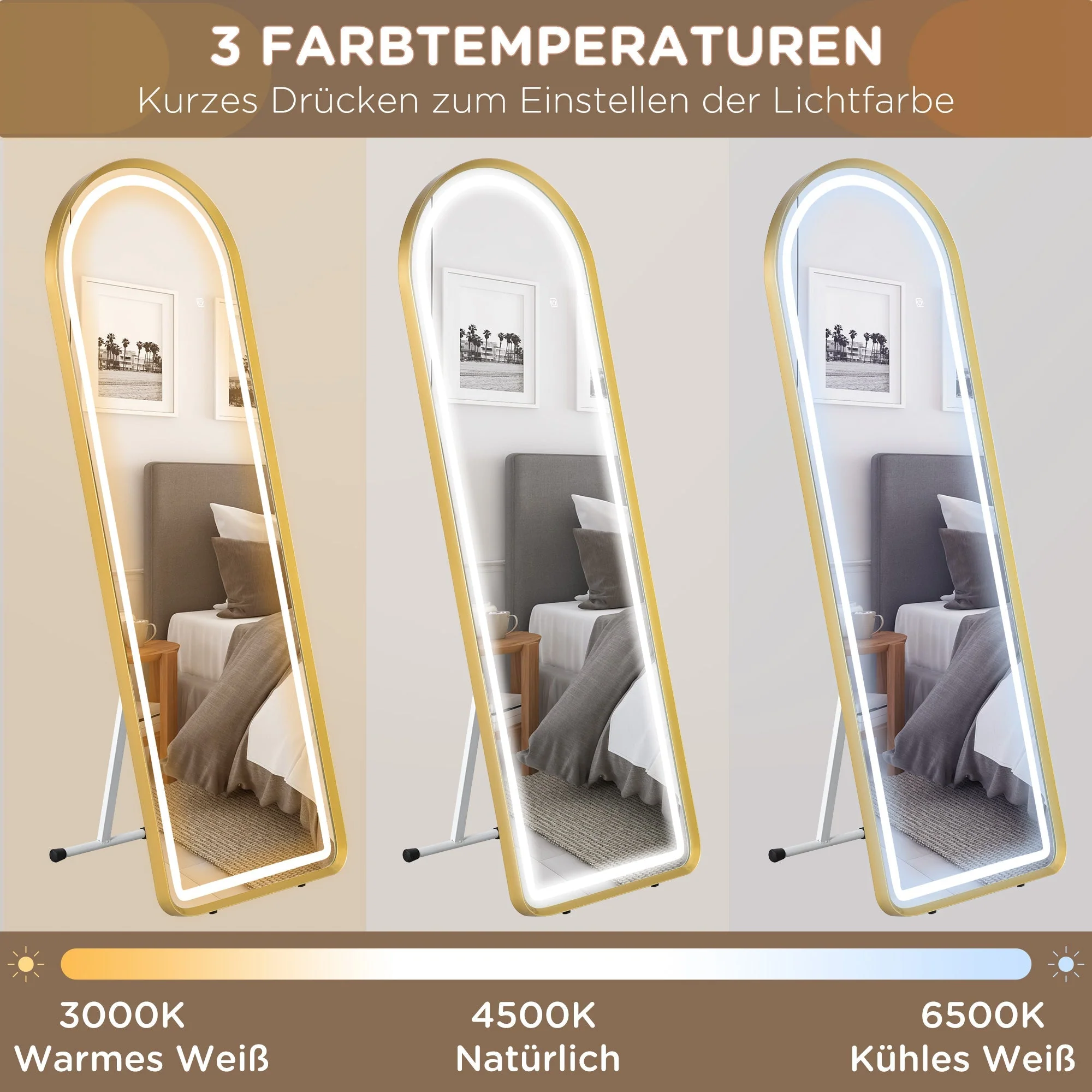 Full-Length Mirror, Dimmable LED, Wall & Standing, Touch Switch, Gold - Image 6