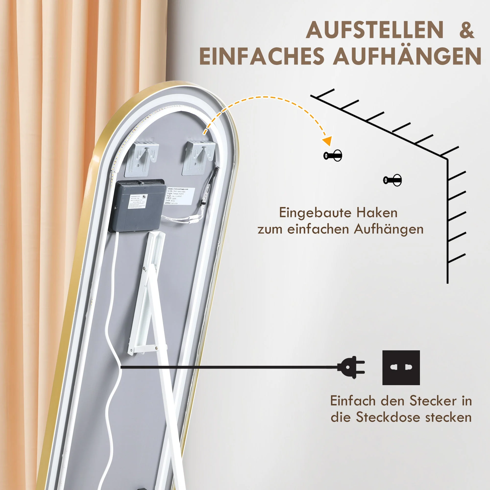 Full-Length Mirror, Dimmable LED, Wall & Standing, Touch Switch, Gold - Image 8