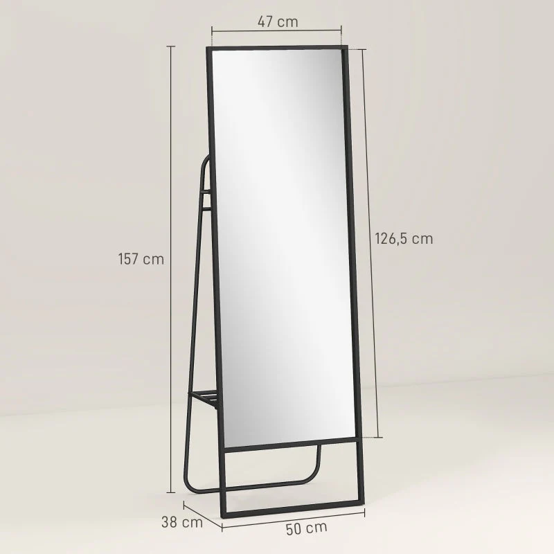 Full-Length Mirror, Industrial Design, Rear Shelf, 2 Hooks, Metal, Black - Image 3