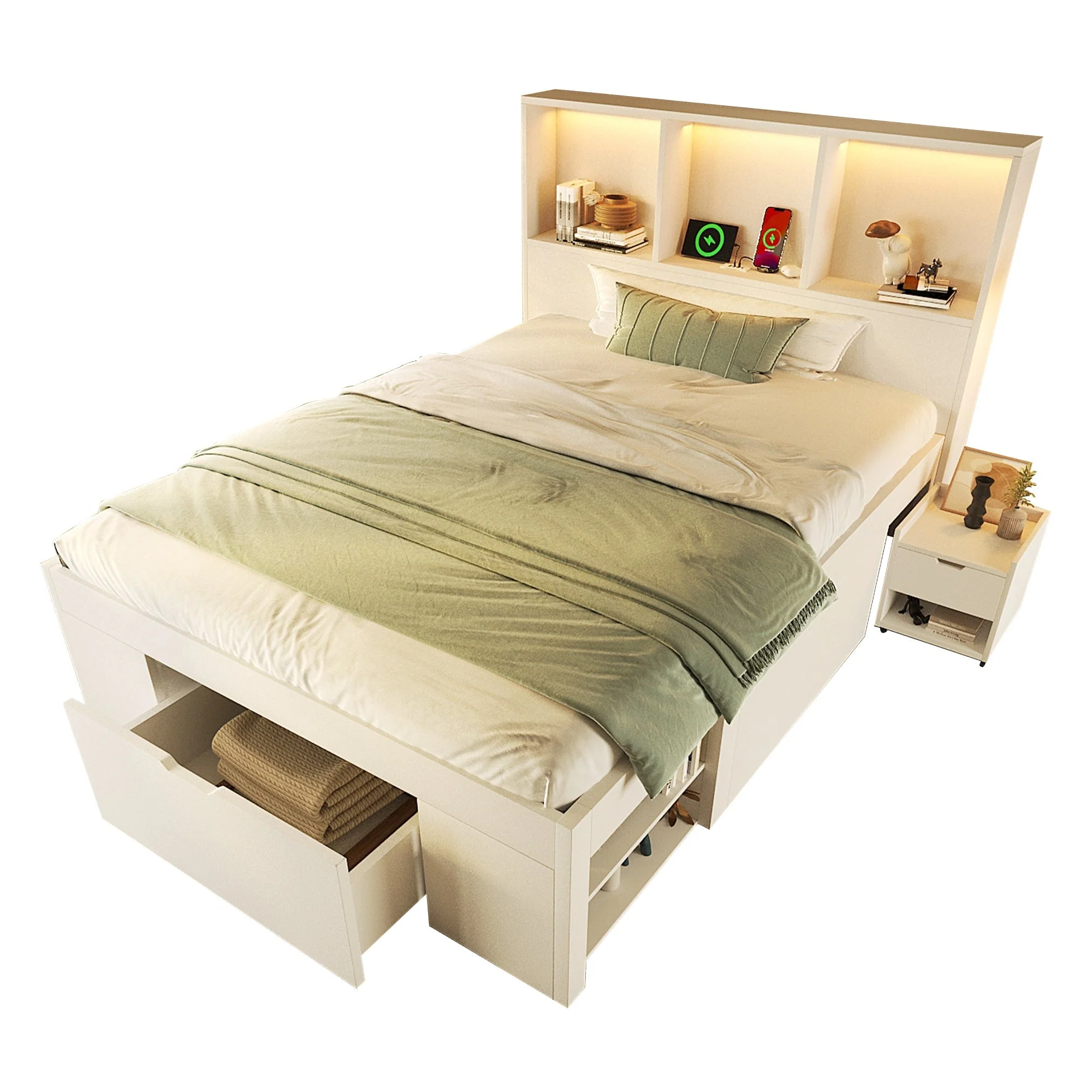 Functional Bed with LED Lighting, USB-C Charging and Storage, White Wood - Image 6
