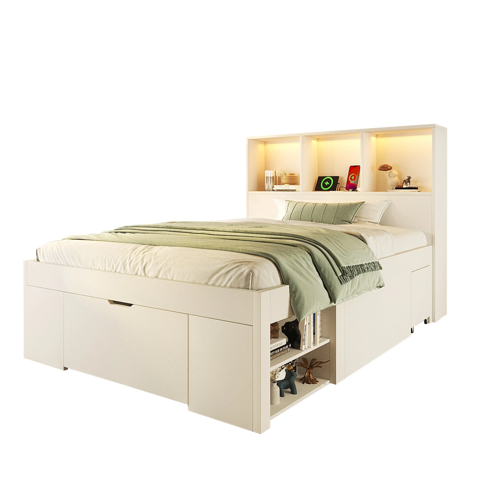 Functional Bed with LED Lighting, USB-C Charging and Storage, White Wood - Image 8