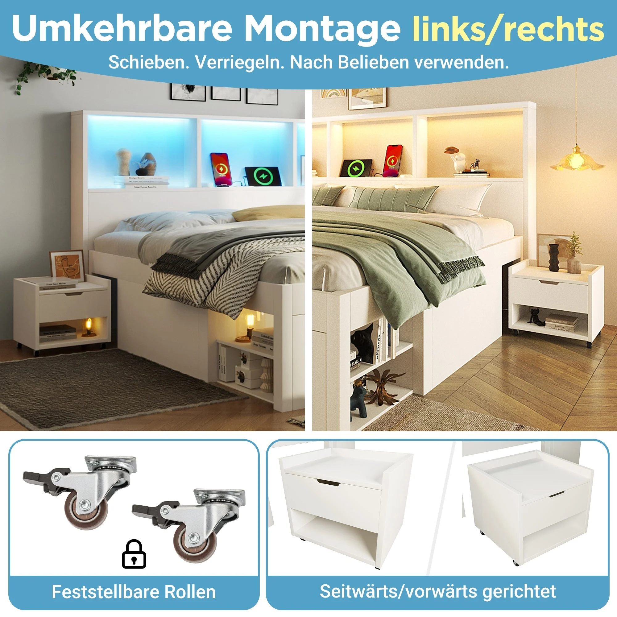 Functional Bed with LED, USB-C Charging, Storage and Movable Bedside Table, 90x200cm, White Wood - Image 4