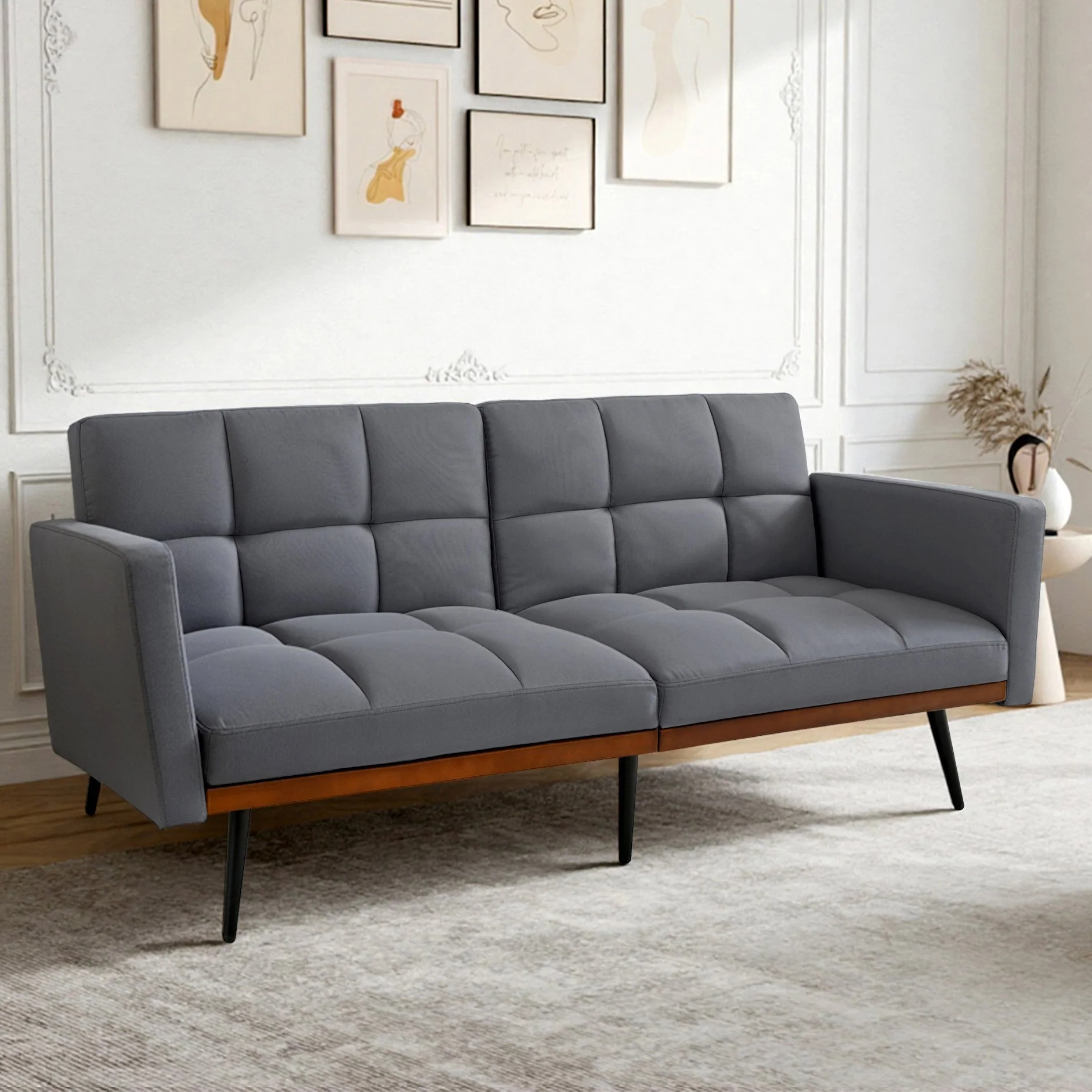 Futon Sofa Mid-Century Modern 146cm Adjustable Back Metal Legs - Linen Grey - Image 6
