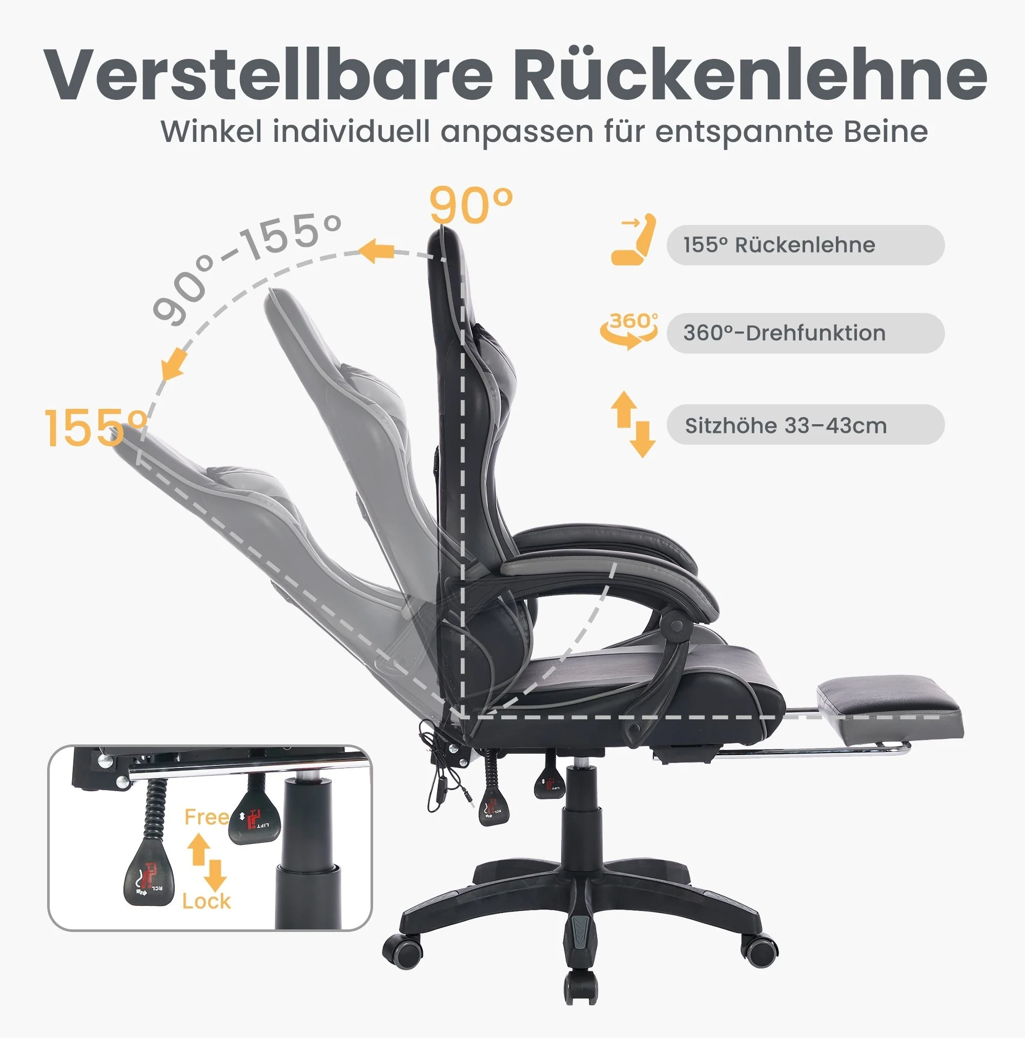 Gaming Chair Ergonomic Racing Design High-Back Adjustable Footrest & Lumbar Support Leather - Black & Grey - Image 3