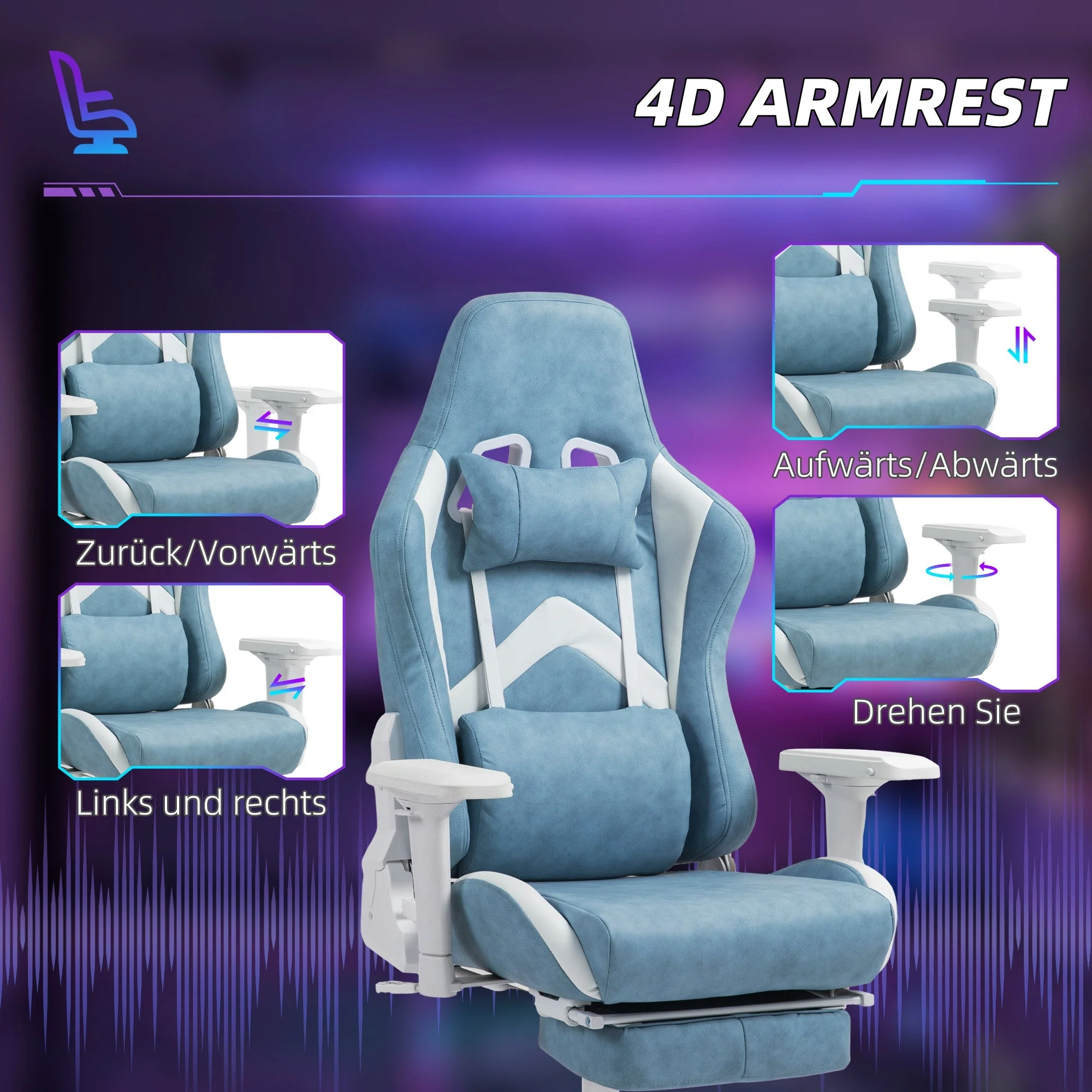 Gaming Chair with Reclining Function, Ergonomic, Faux Leather Blue - Image 5