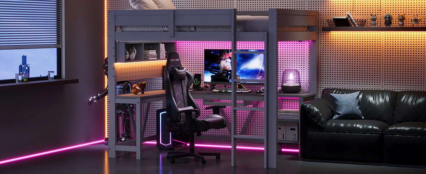 Gaming Loft Bed with Desk, LED Lighting and Charging Station, 90 x 200 cm, Grey Wood - Image 10
