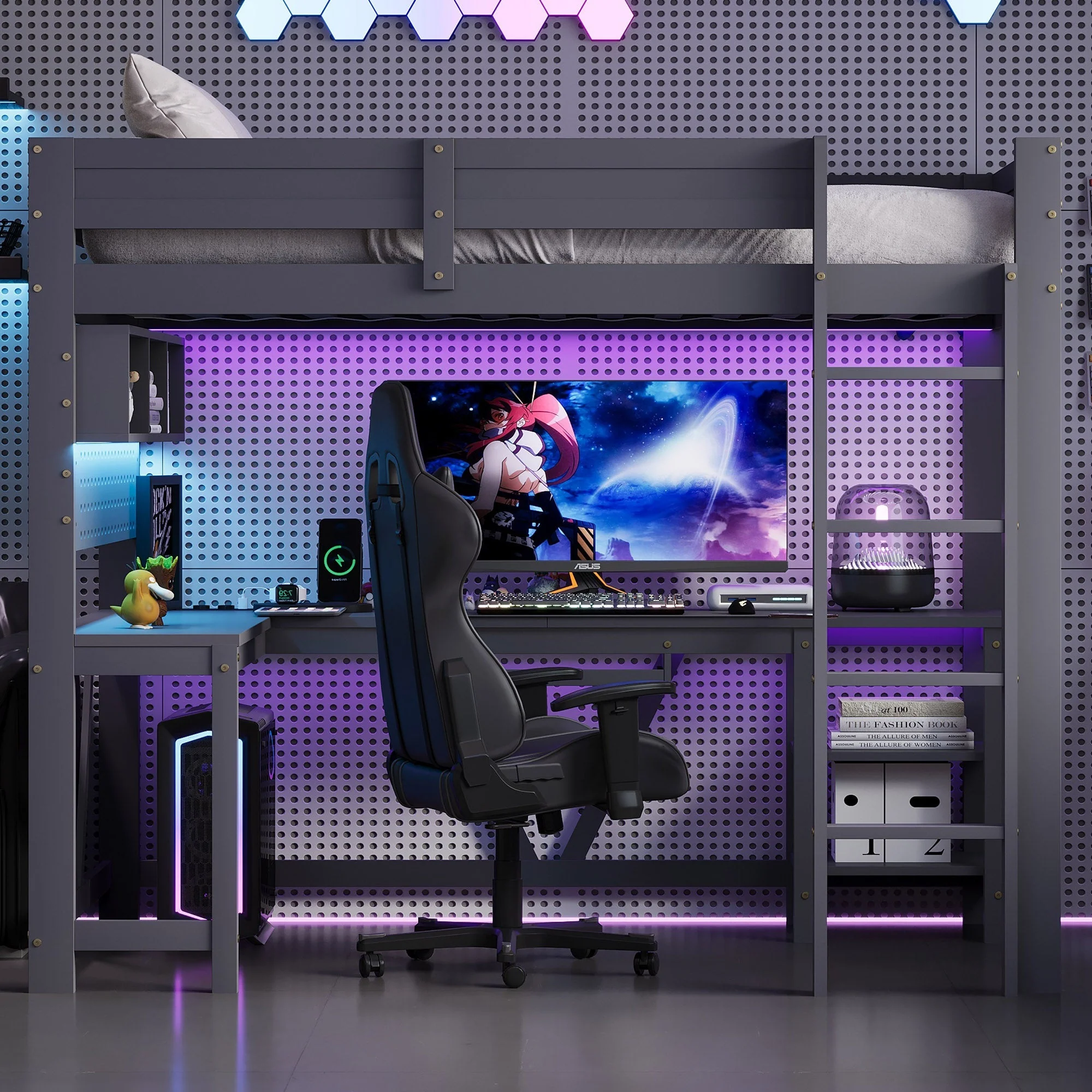 Gaming Loft Bed with Desk, LED Lighting and Charging Station, 90 x 200 cm, Grey Wood - Image 4