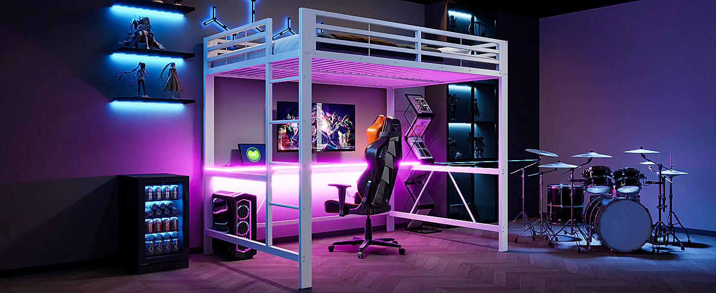 Gaming Metal Loft Bed Frame with LED Lighting, USB Charging Station and Desk, White - Image 8