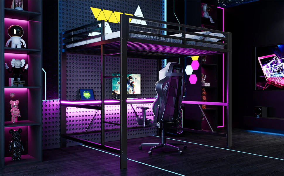 Gaming Metal Loft Bed Frame with LED Lighting, USB Station and Desk, 160x200, Black - Image 8