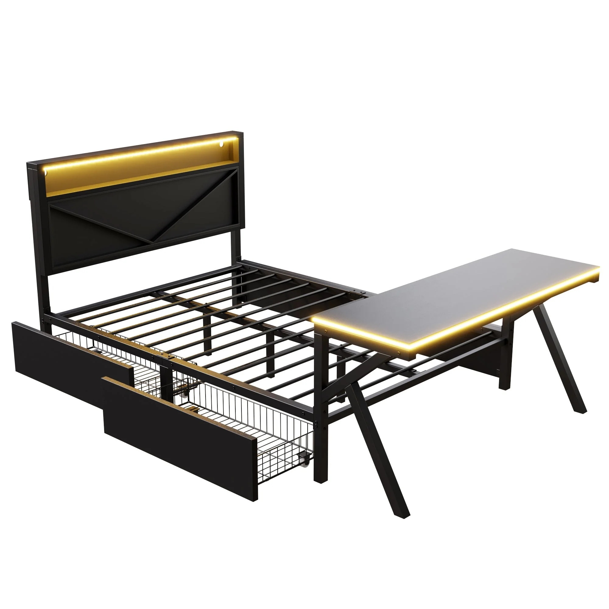 Gaming Platform Bed with LED Headboard, Desk and Drawers, Black Metal - Image 9