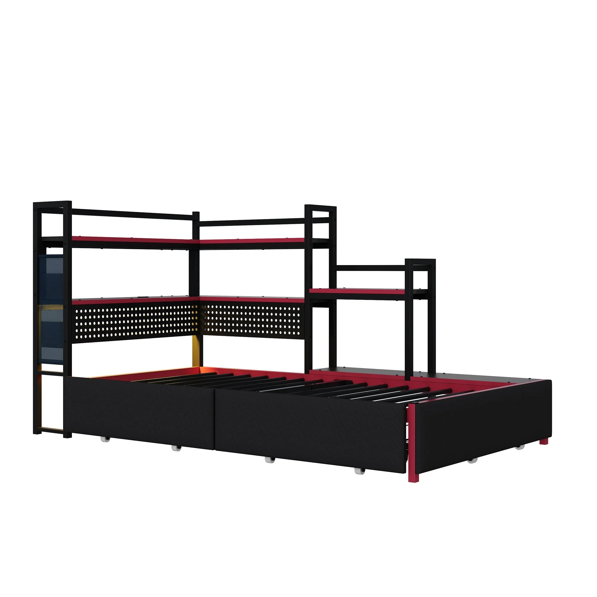 Gaming-Style Metal Bed Frame with 3 Drawers, LED Lighting, USB Ports, Pegboard and Side Shelves, Black Metal - Image 7