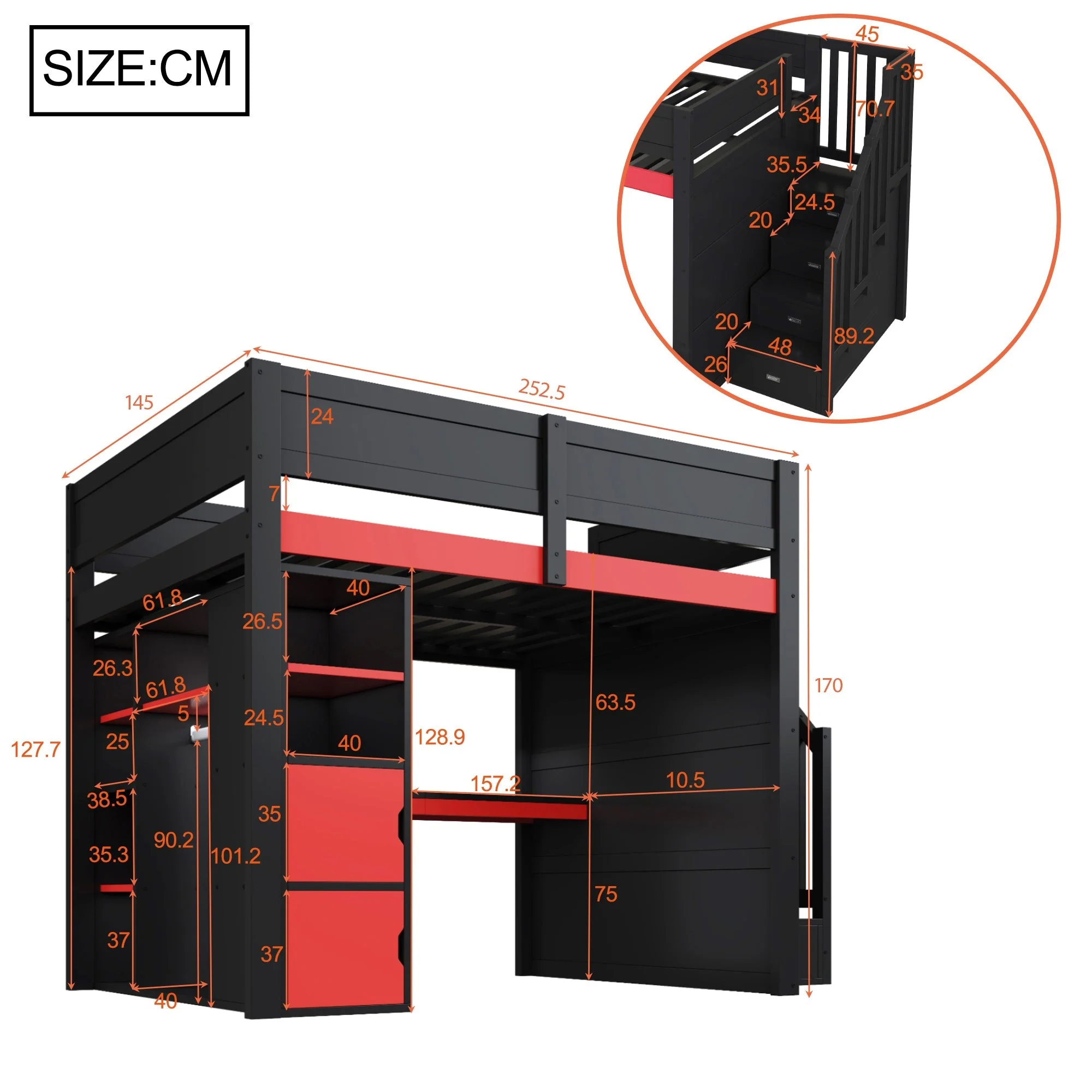 Gaming Wooden Loft Bed with Desk, Multi-Tier Storage, LED Lighting, USB Port and Staircase, Black and Red - Image 5