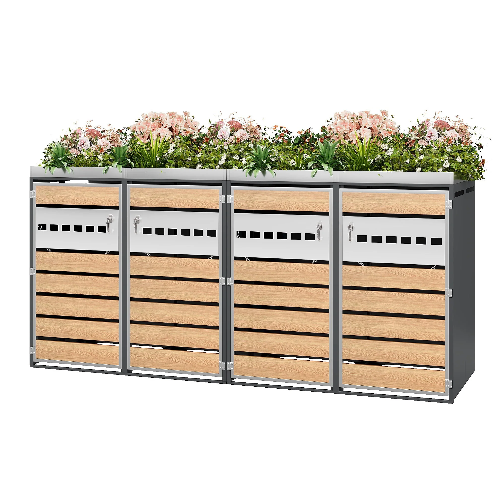 Garbage Can Enclosure with Diamond Ventilation and Four Lockable Doors, Planting Area, Steel - Image 5