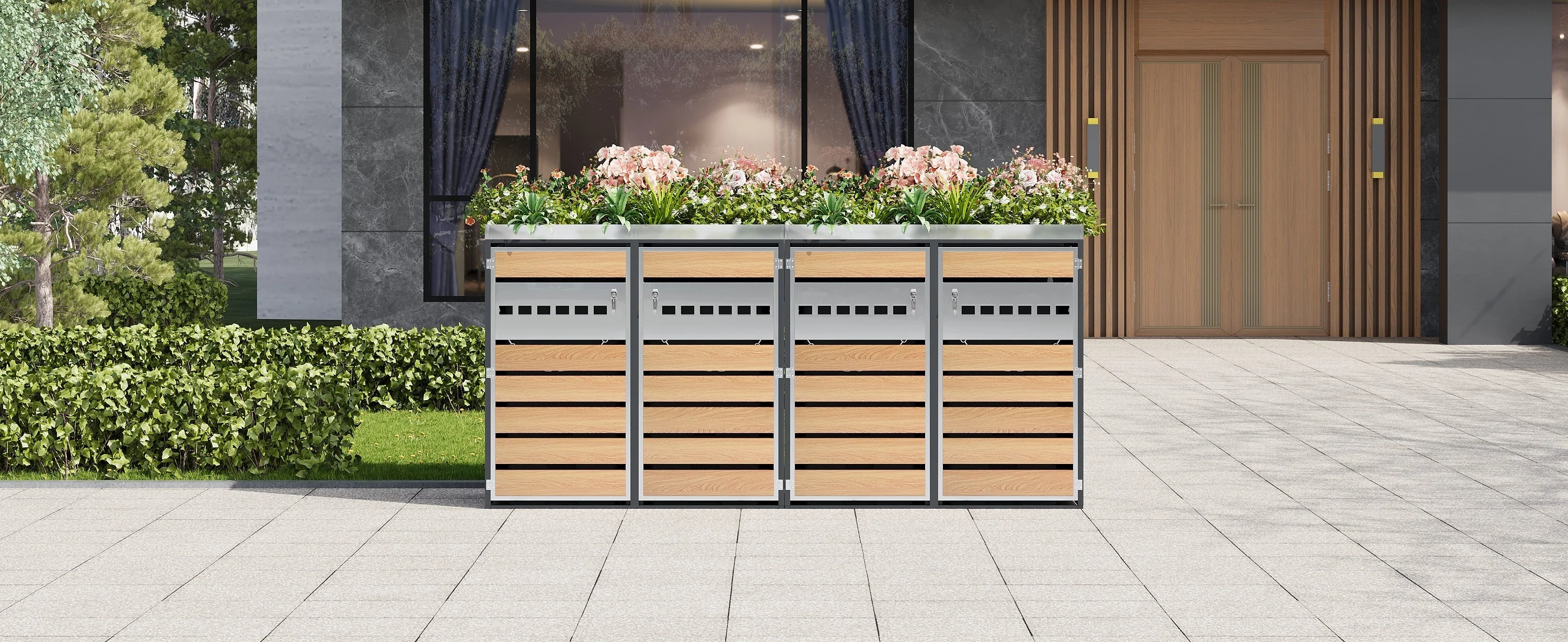 Garbage Can Enclosure with Diamond Ventilation and Four Lockable Doors, Planting Area, Steel - Image 7