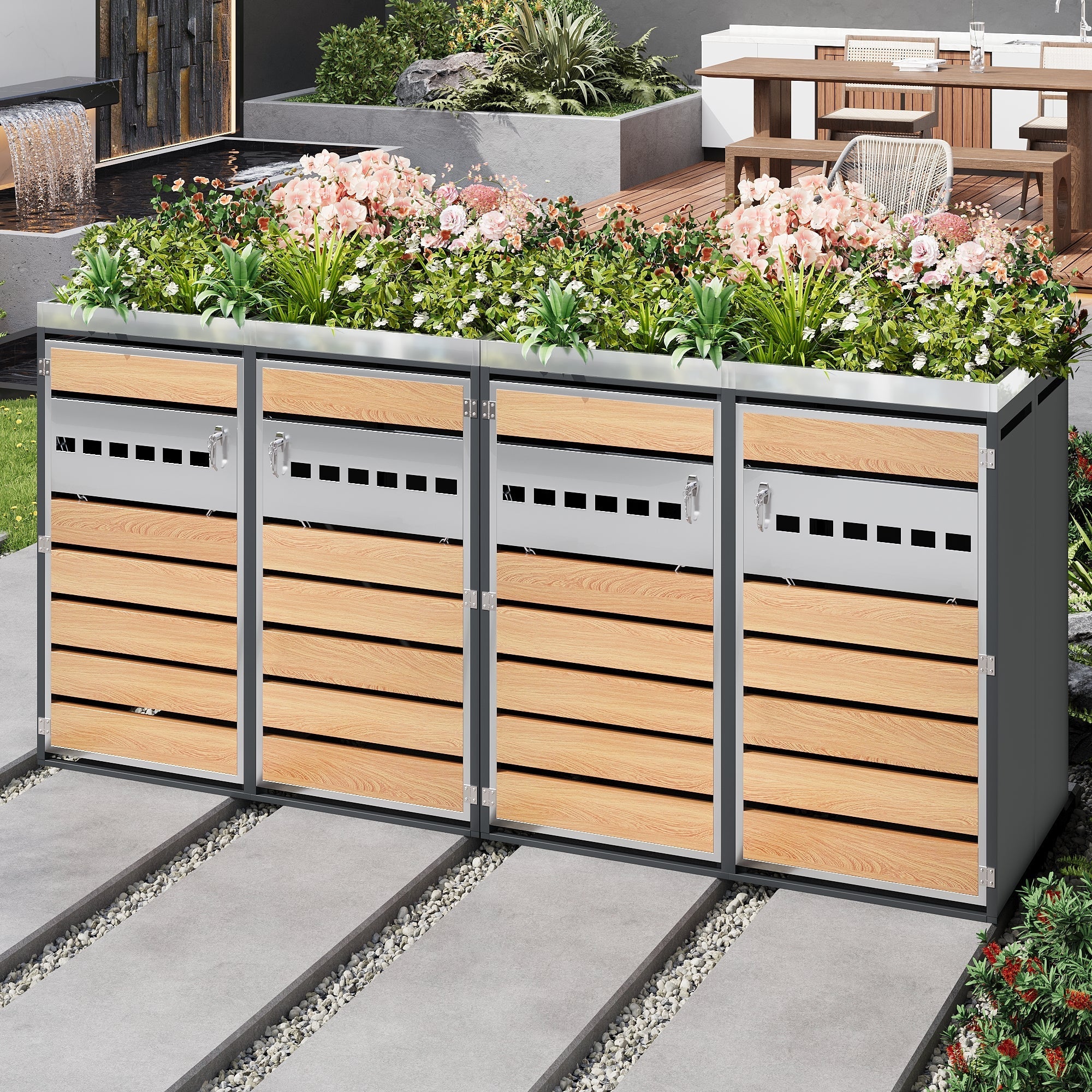 Garbage Can Enclosure with Diamond Ventilation and Four Lockable Doors, Planting Area, Steel - Image 9