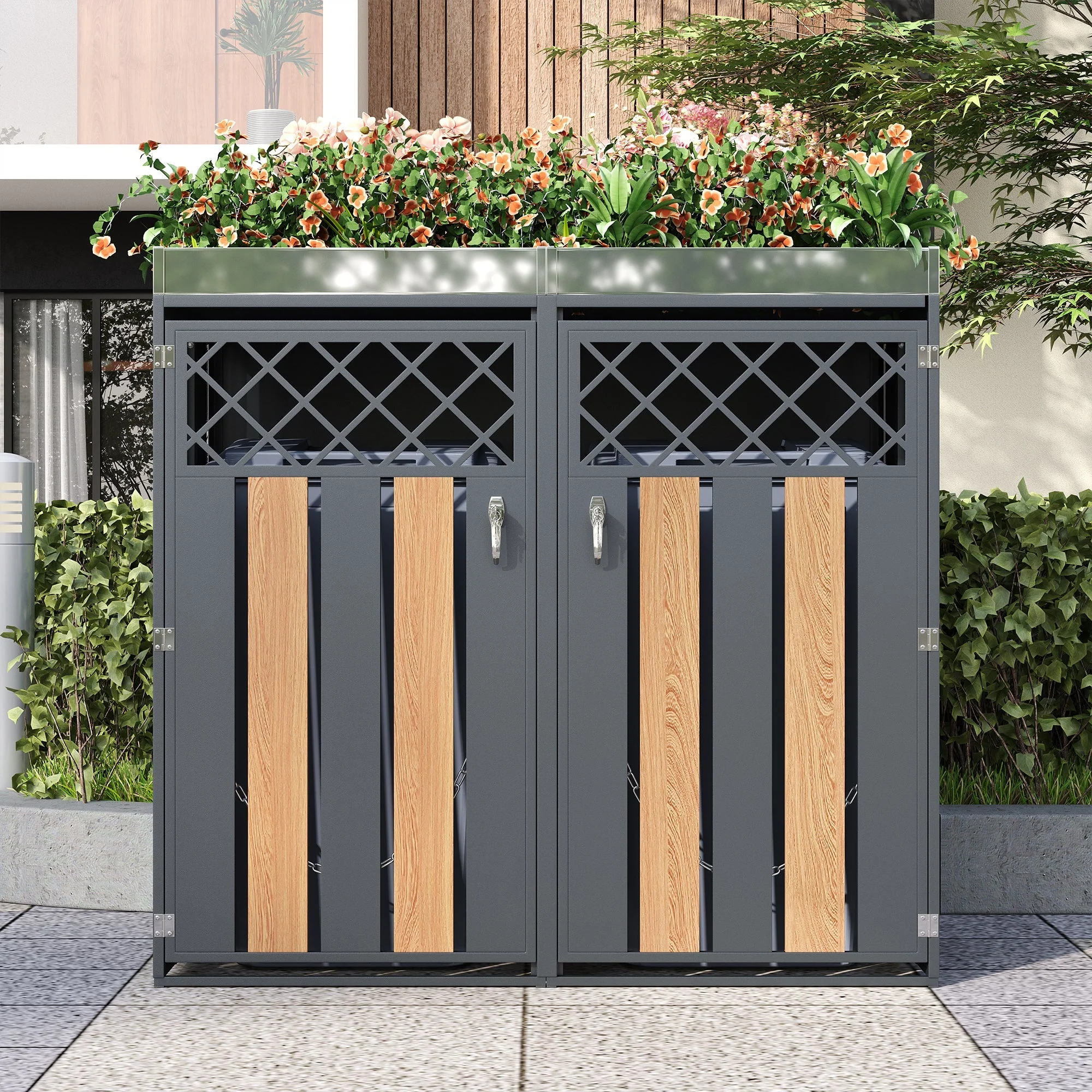 Garbage Can Enclosure with Diamond Ventilation and Planting Area, Lockable 2-Door, Steel - Image 2