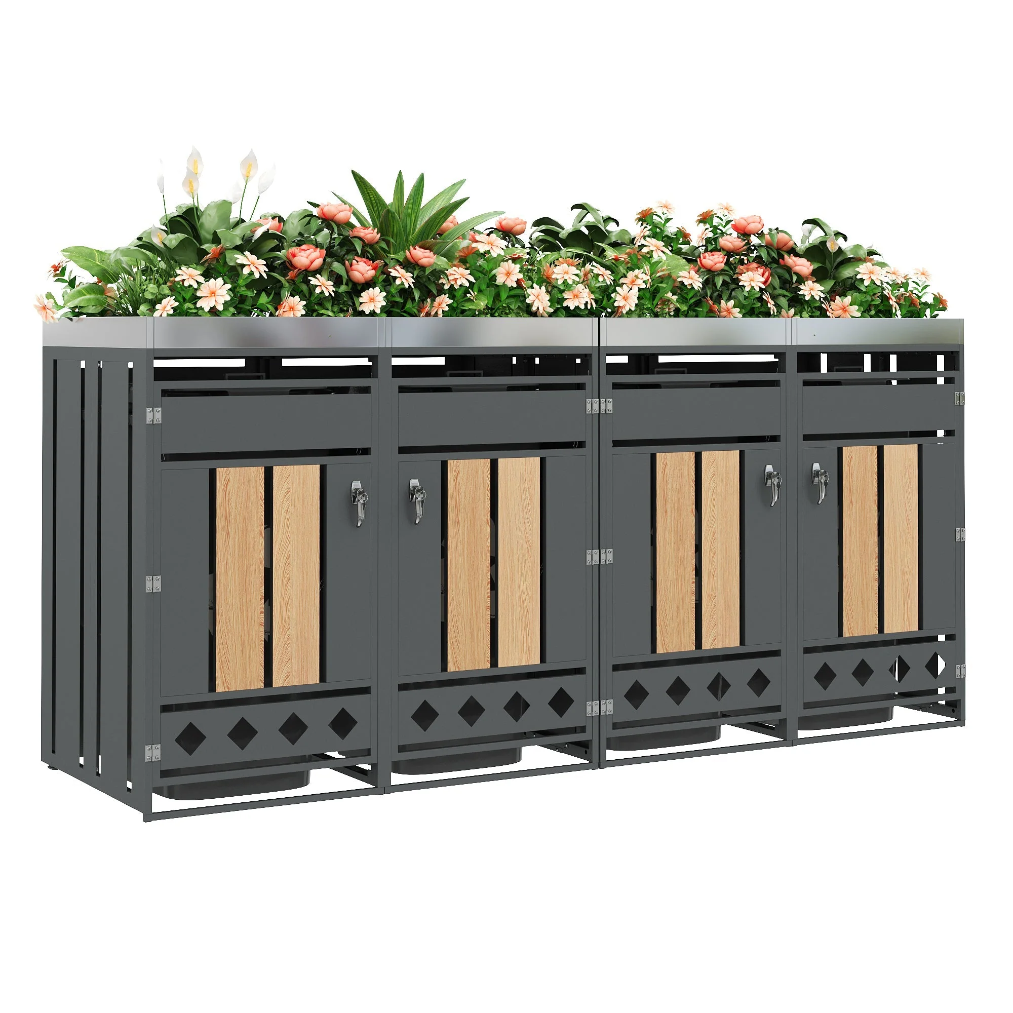 Garbage Can Enclosure with Four Doors, Diamond-Shaped Ventilation and Planting Area, Wood Grain Finish - Image 2