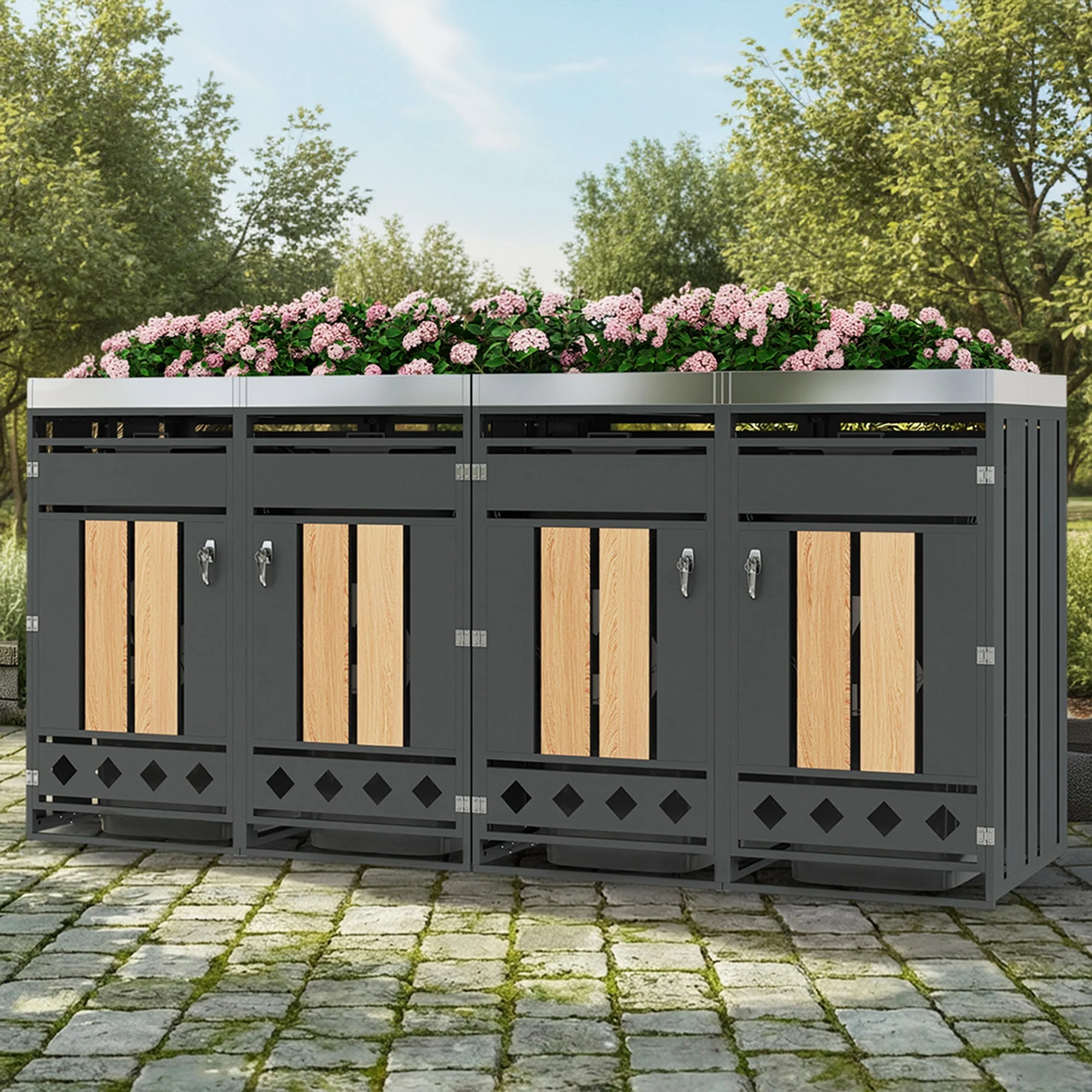 Garbage Can Enclosure with Four Doors, Diamond-Shaped Ventilation and Planting Area, Wood Grain Finish - Image 9