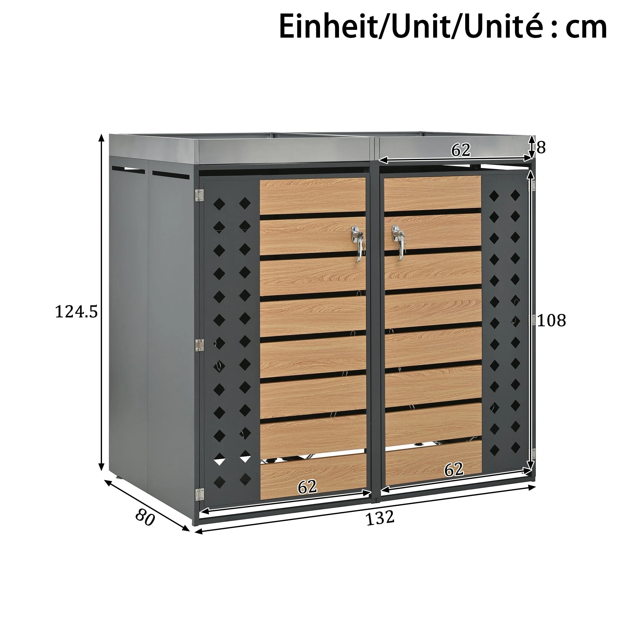 Garbage Can Enclosure with Lockable Four Doors and Planting Area, Horizontal Wood Grain Panels - Image 4