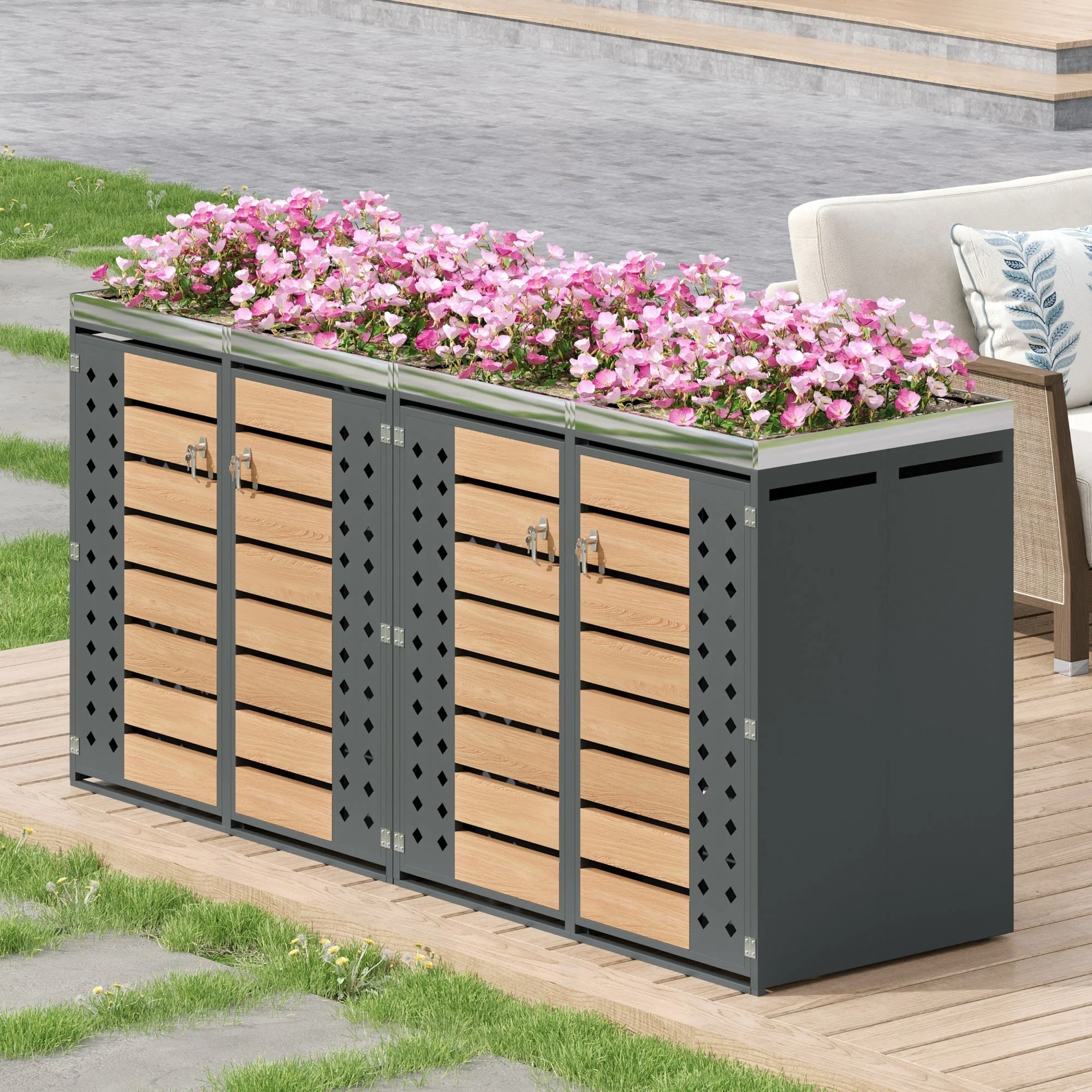 Garbage Can Enclosure with Lockable Four Doors and Planting Area, Horizontal Wood Grain Panels - Image 6
