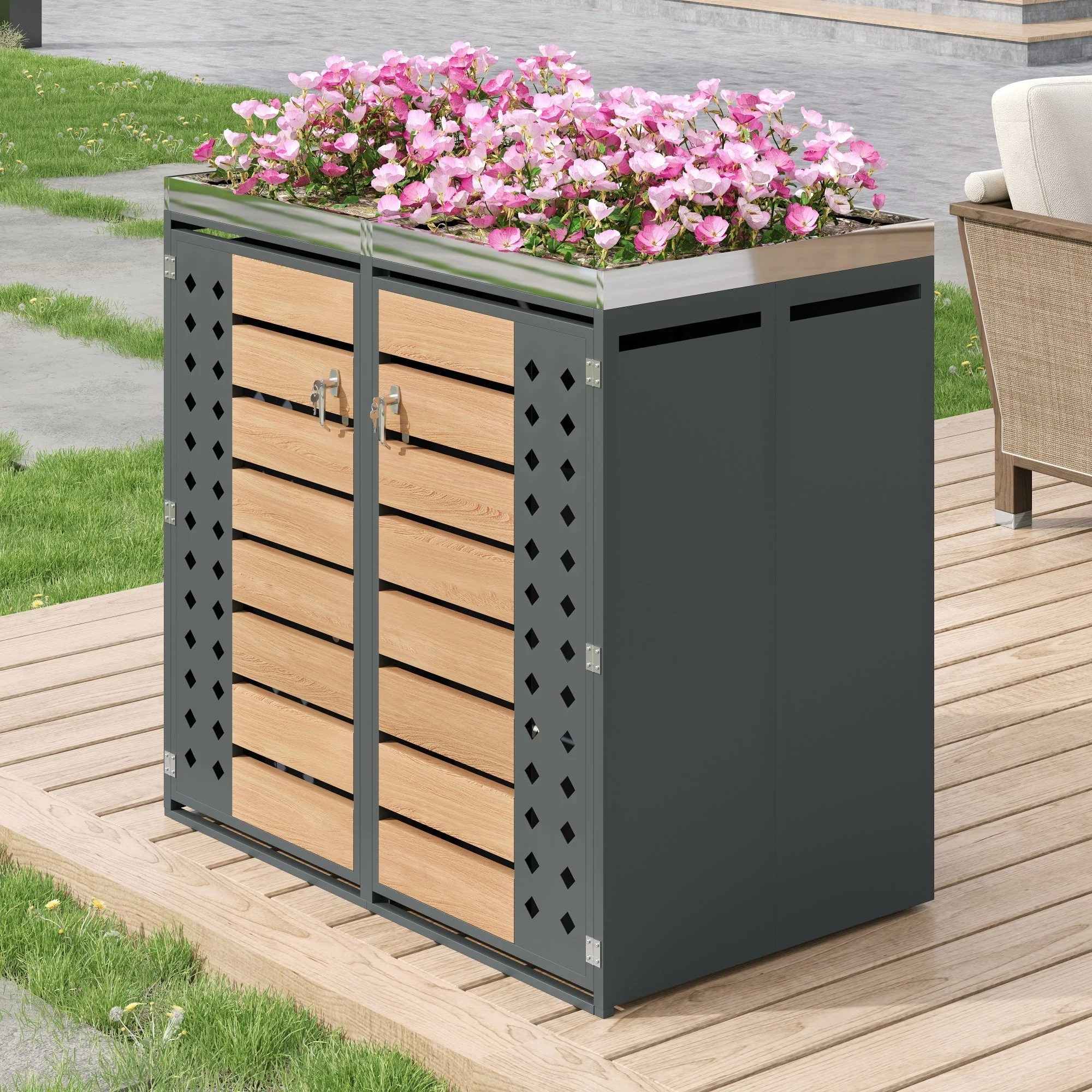 Garbage Can Enclosure with Planting Area and Lockable Dual Doors, Horizontal Wood Grain Panels - Image 6
