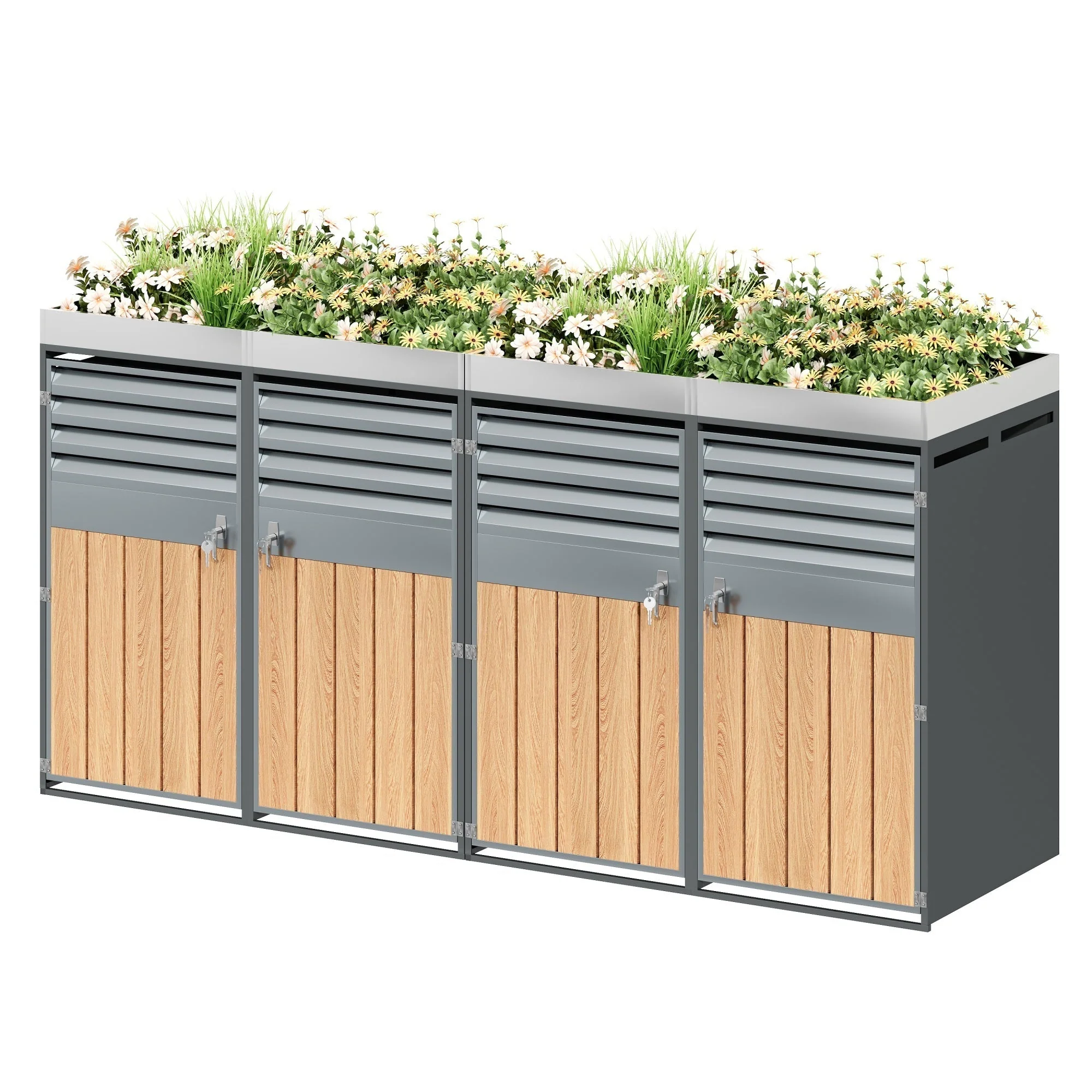 Garbage Can Enclosure with Ventilated Louvers, Lockable Four Doors and Planting Area, Galvanized Steel - Image 2